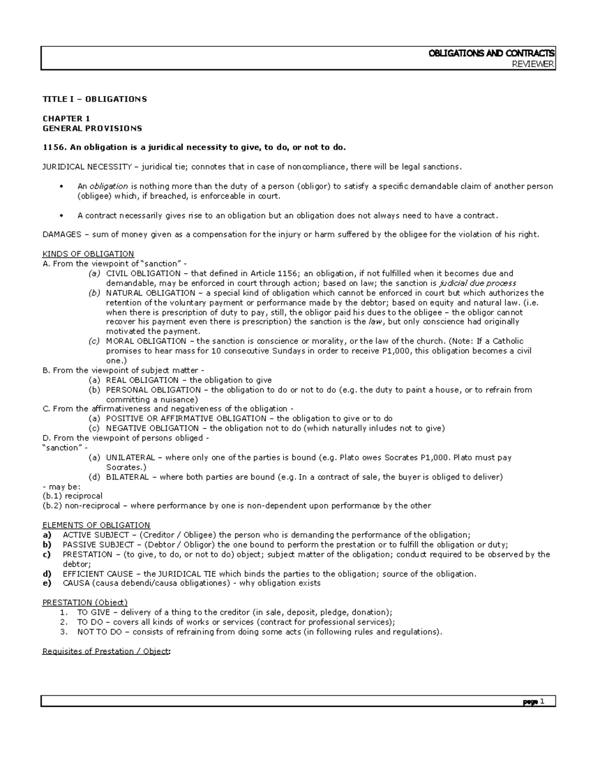 Oblicon-Reviewer - oblicon - REVIEWER TITLE I – OBLIGATIONS CHAPTER 1 ...