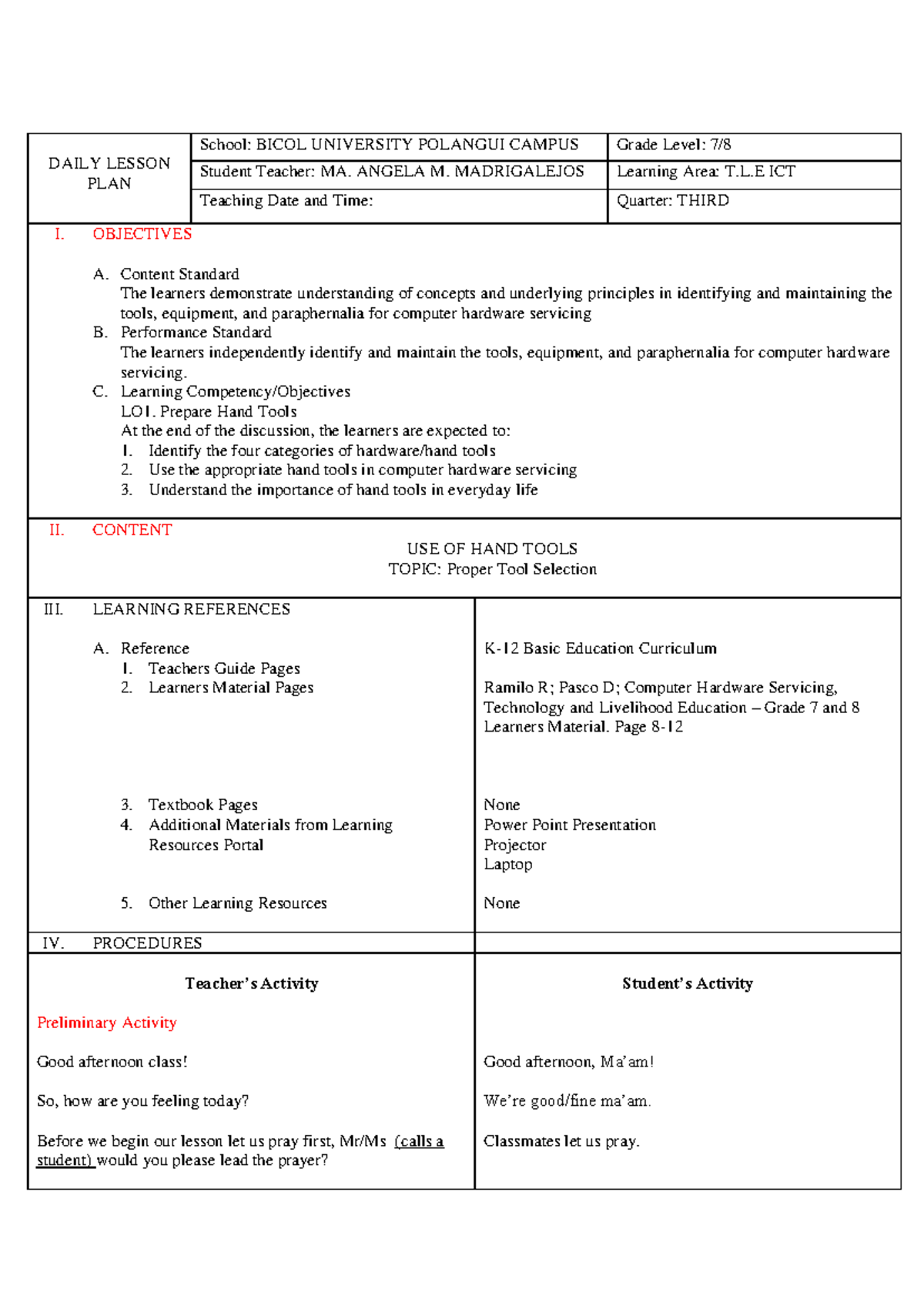 DAILY LESSON PLAN: HAND TOOLS IN COMPUTER HARDWARE SERVICING (T.L.E ...
