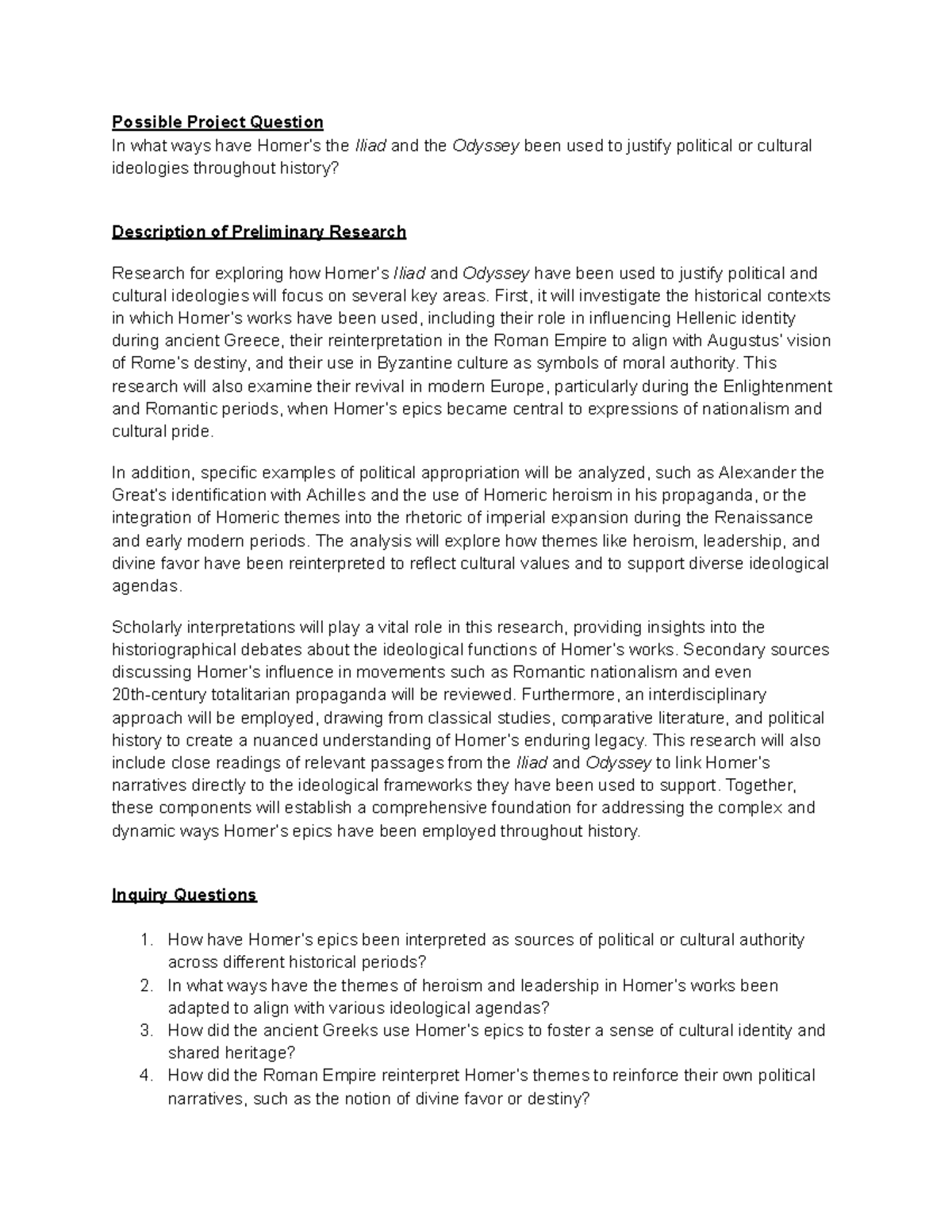 Hist Ext Project Proposal: Ideological Uses of Homer’s Iliad & Odyssey ...