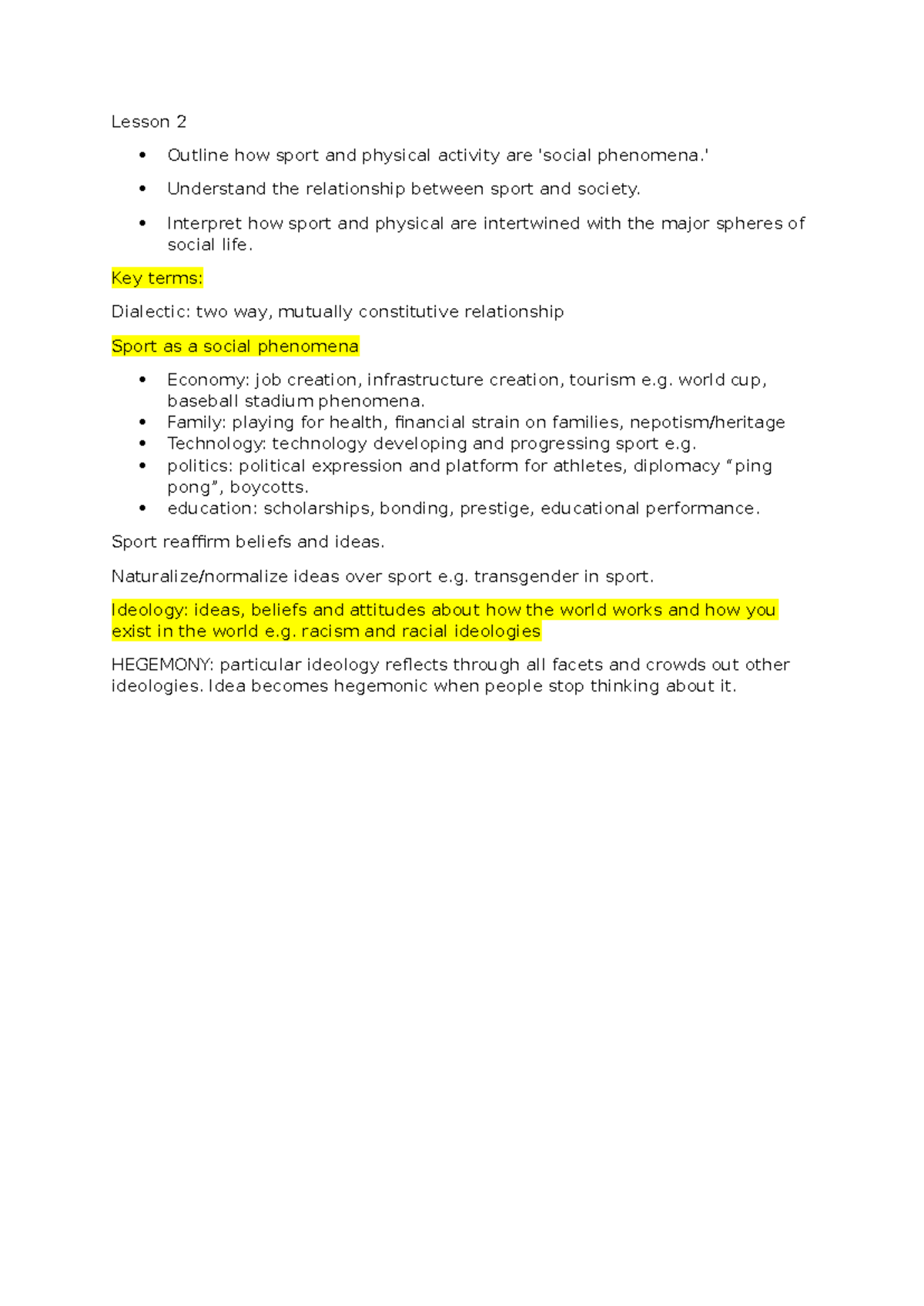 Lesson 2 - lecture and class notes - Lesson 2 Outline how sport and ...