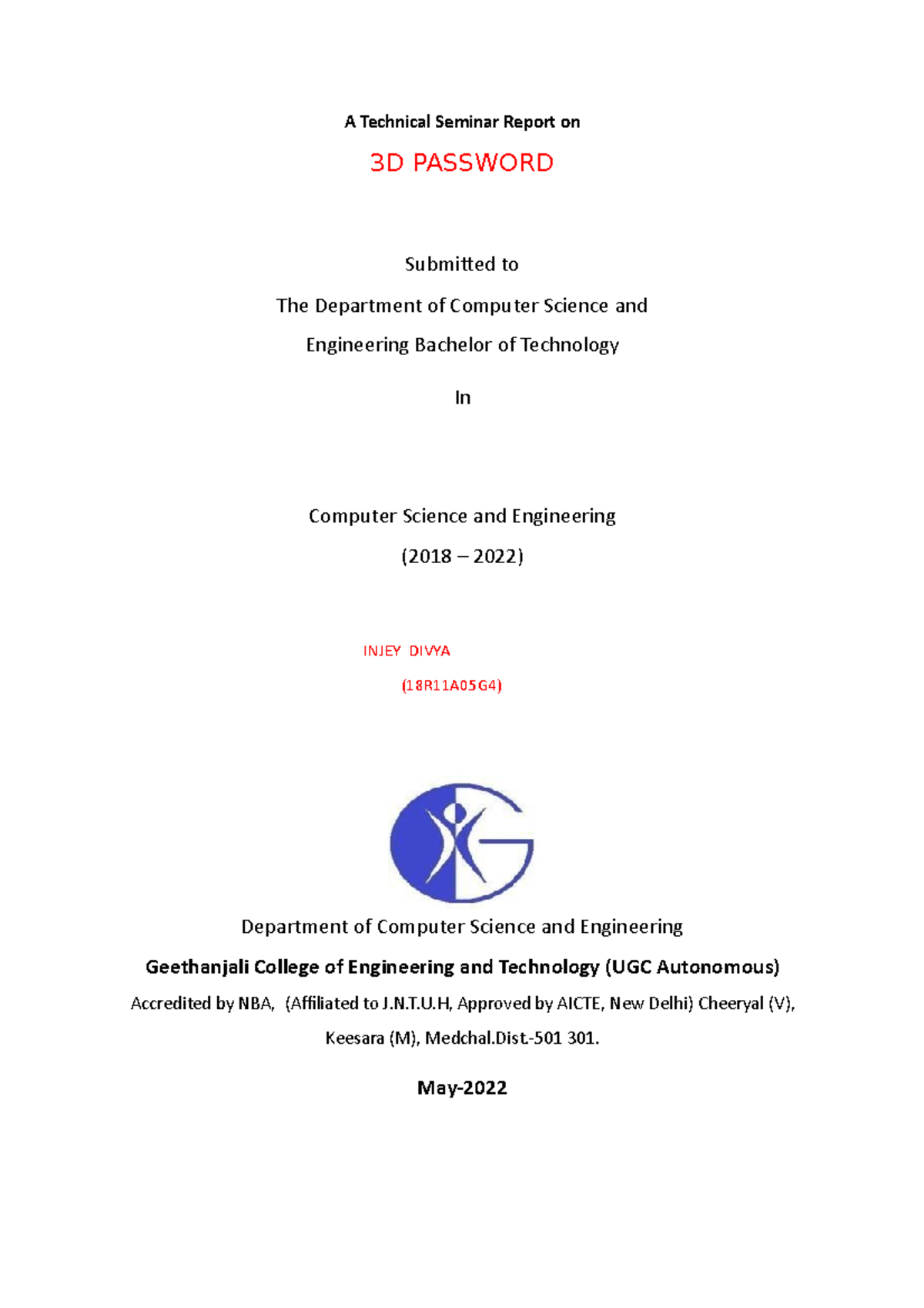 Technical Seminar Report on 3D Password for CSE B.Tech (2018-2022 ...