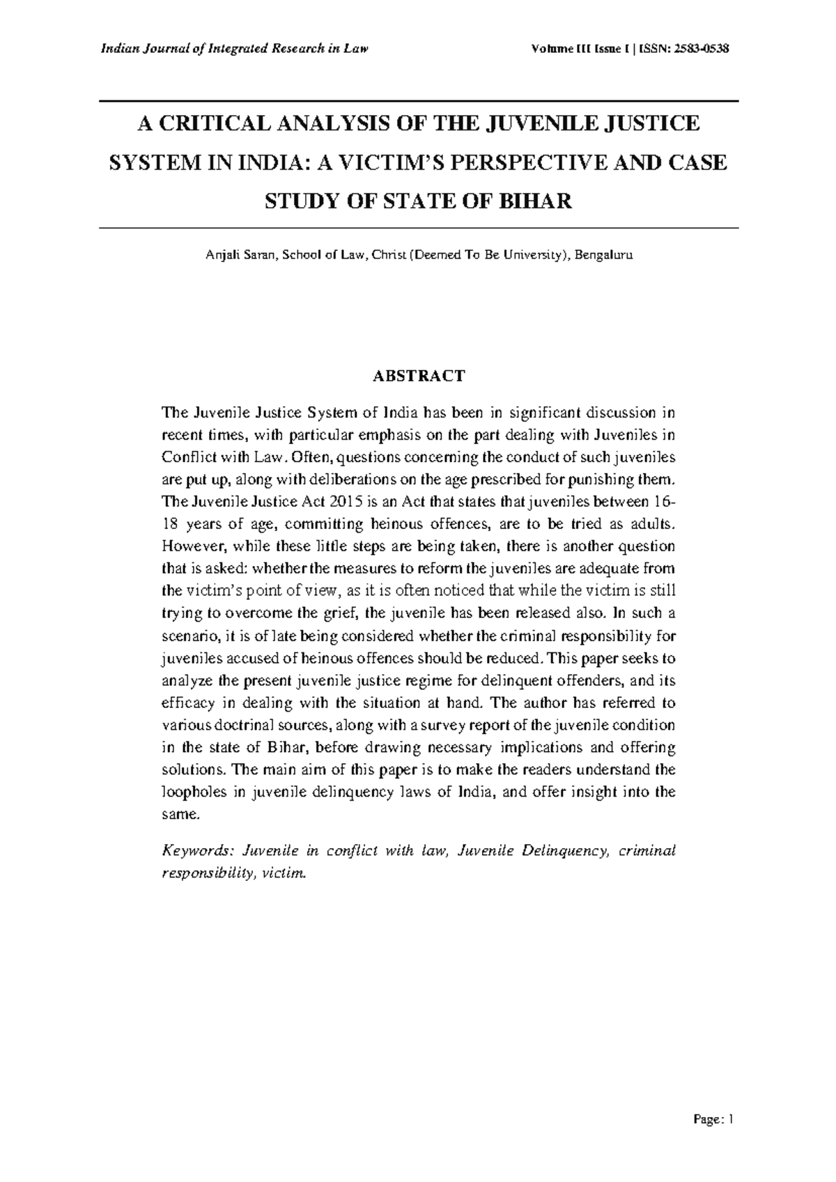A Critical Analysis of Juvenile Justice System in India: Victim's ...