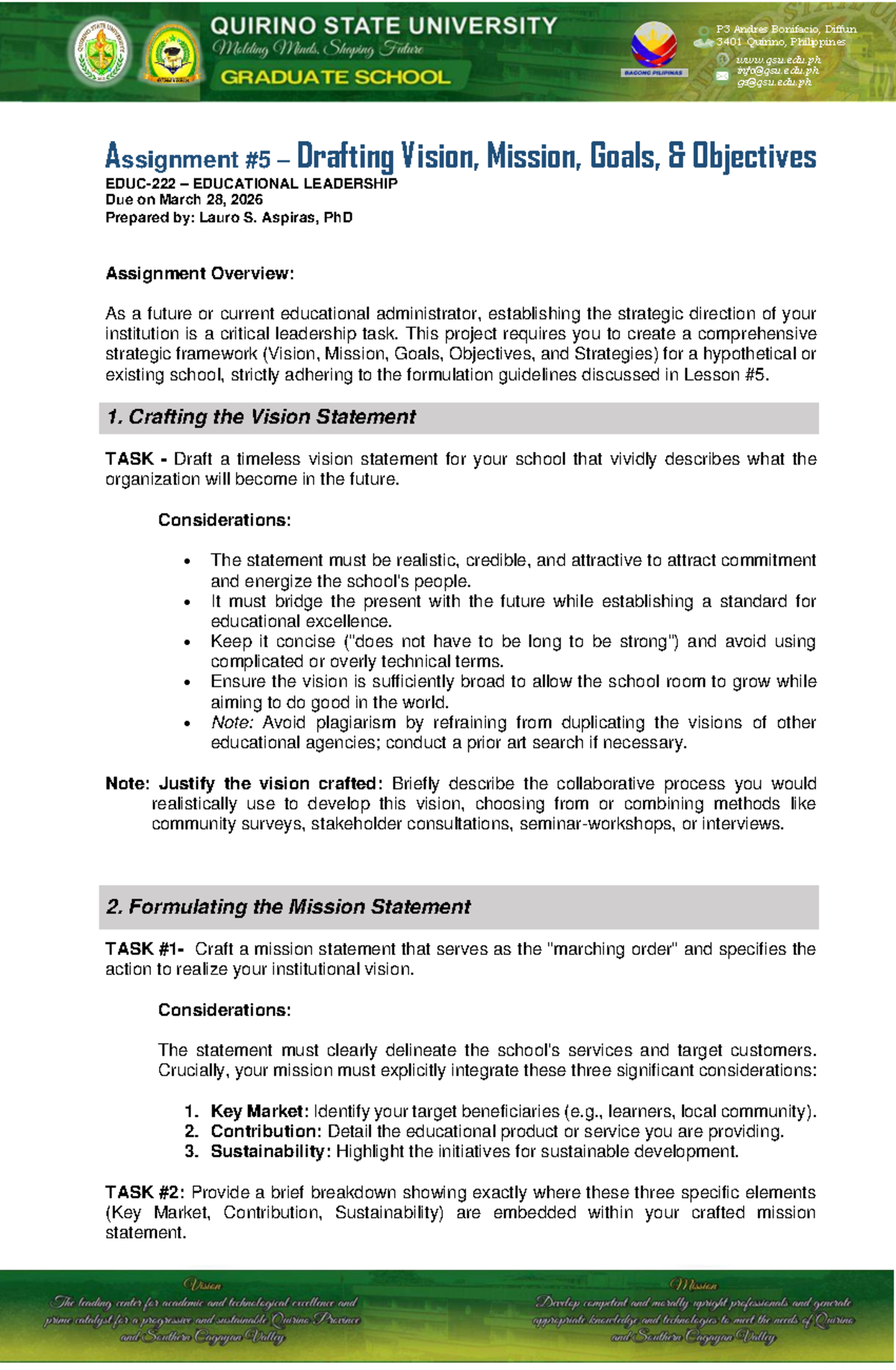 P3 EDUCATIONAL LEADERSHIP Assignment 5: Vision, Mission, Goals ...
