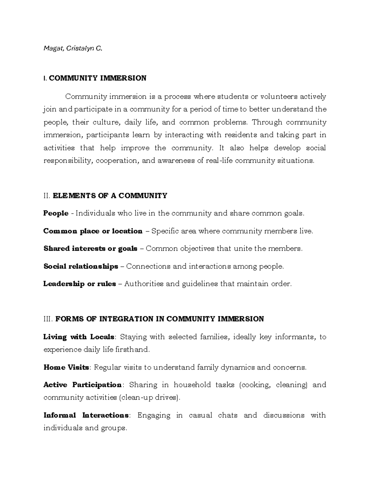 COMMUNITY IMMERSION: Understanding People & Culture - Studocu