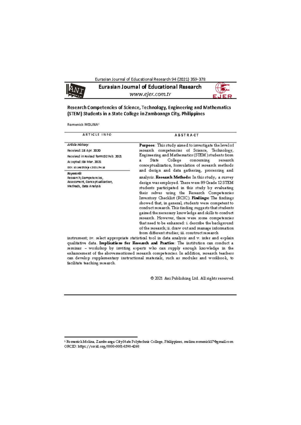 Research Competencies of Grade 12 STEM Students: A Study in Zamboanga ...