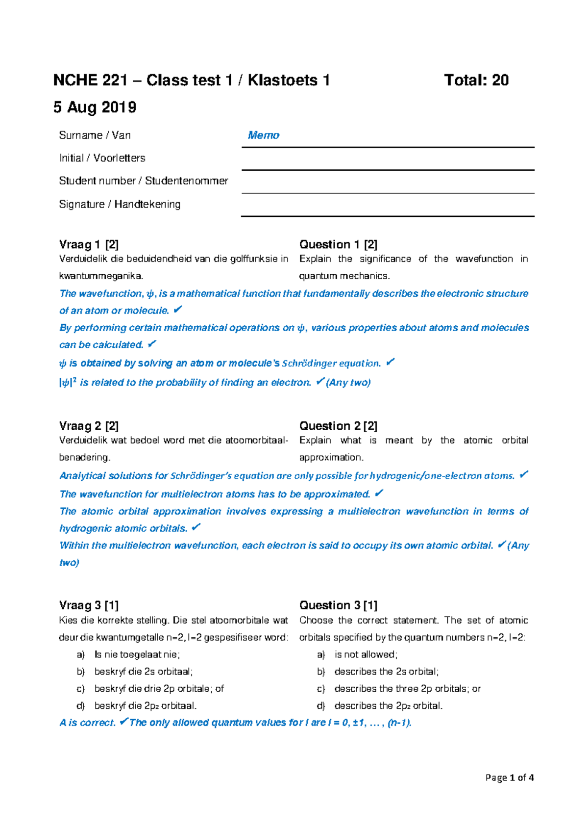 NCHE 221 - Class Test 1 Study Notes and Questions - Studocu