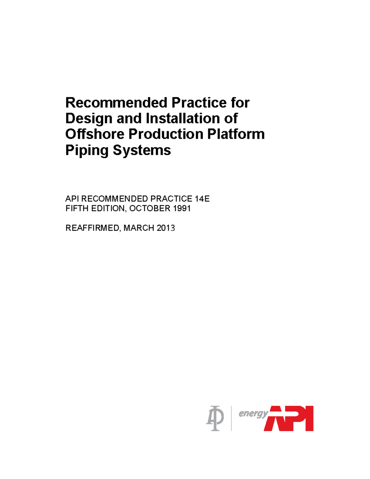 API RP 14E: Design & Installation of Offshore Piping Systems - Studocu