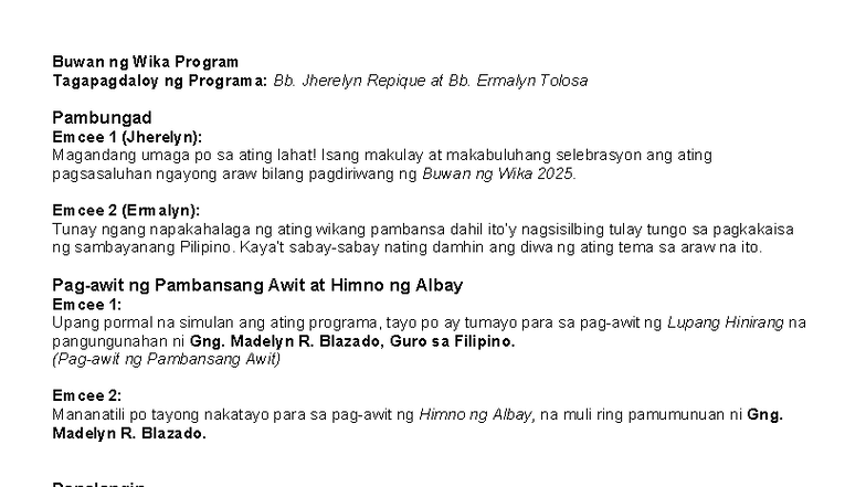 Emcee Script para sa Buwan ng Wika 2025 - Studocu