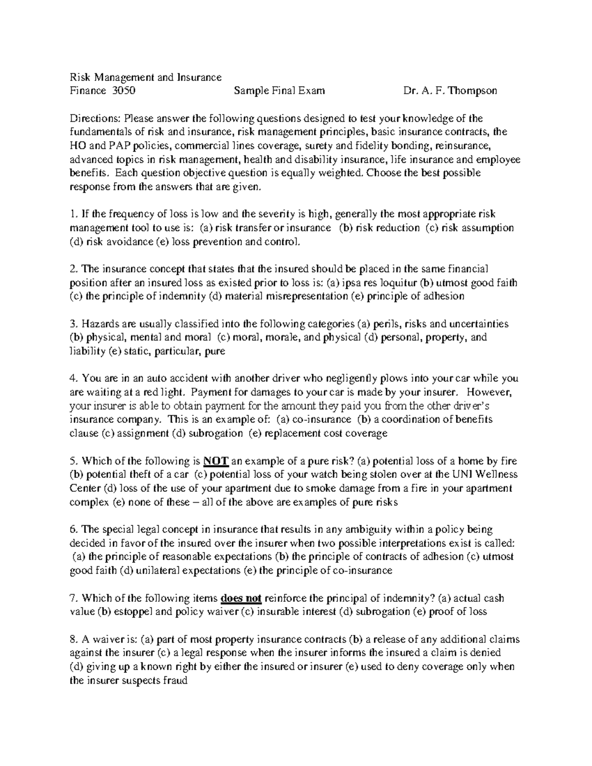 FIN 3050 Sample Final Exam: Risk Management & Insurance Concepts - Studocu