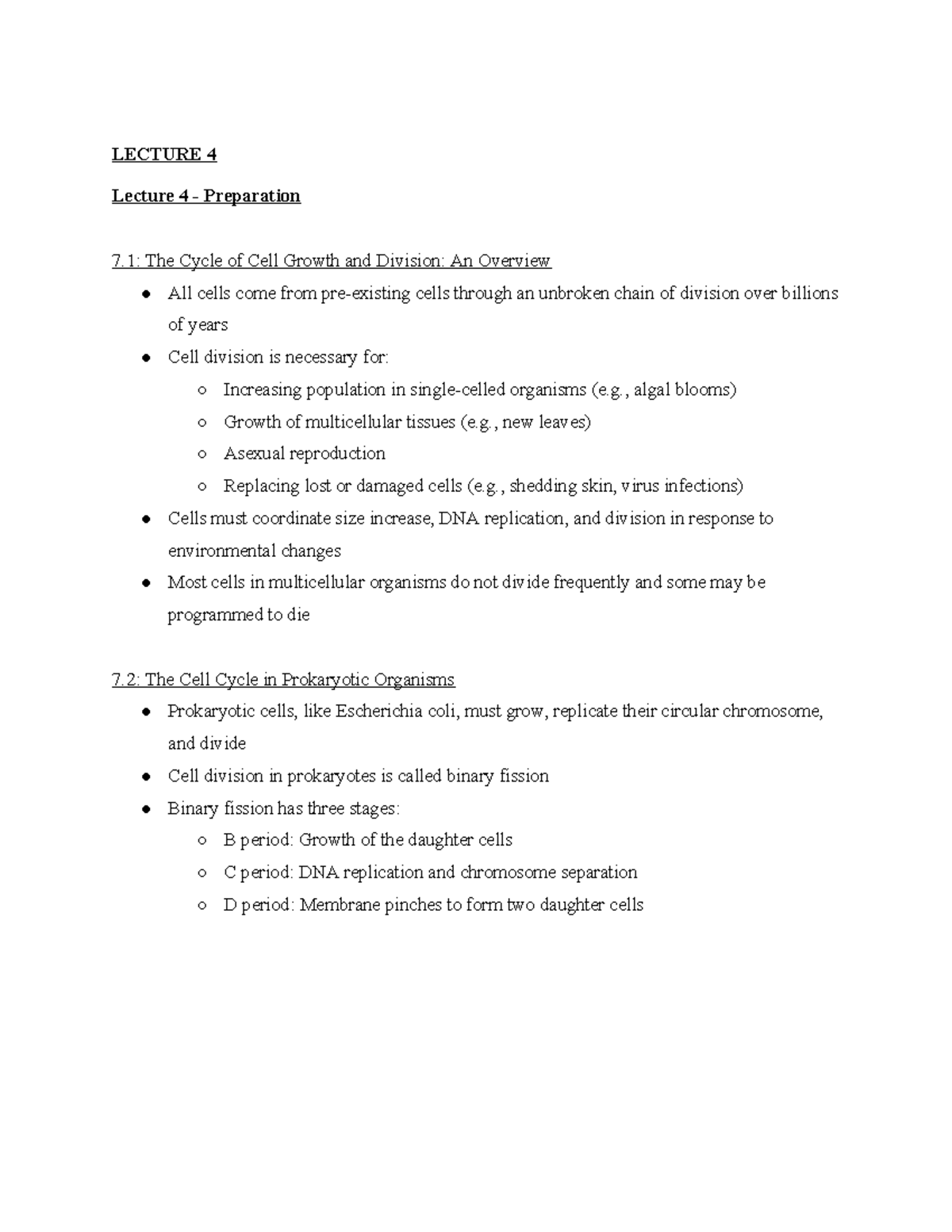 LECTURE 4: Overview of Cell Growth, Division, and Cycle Mechanisms ...