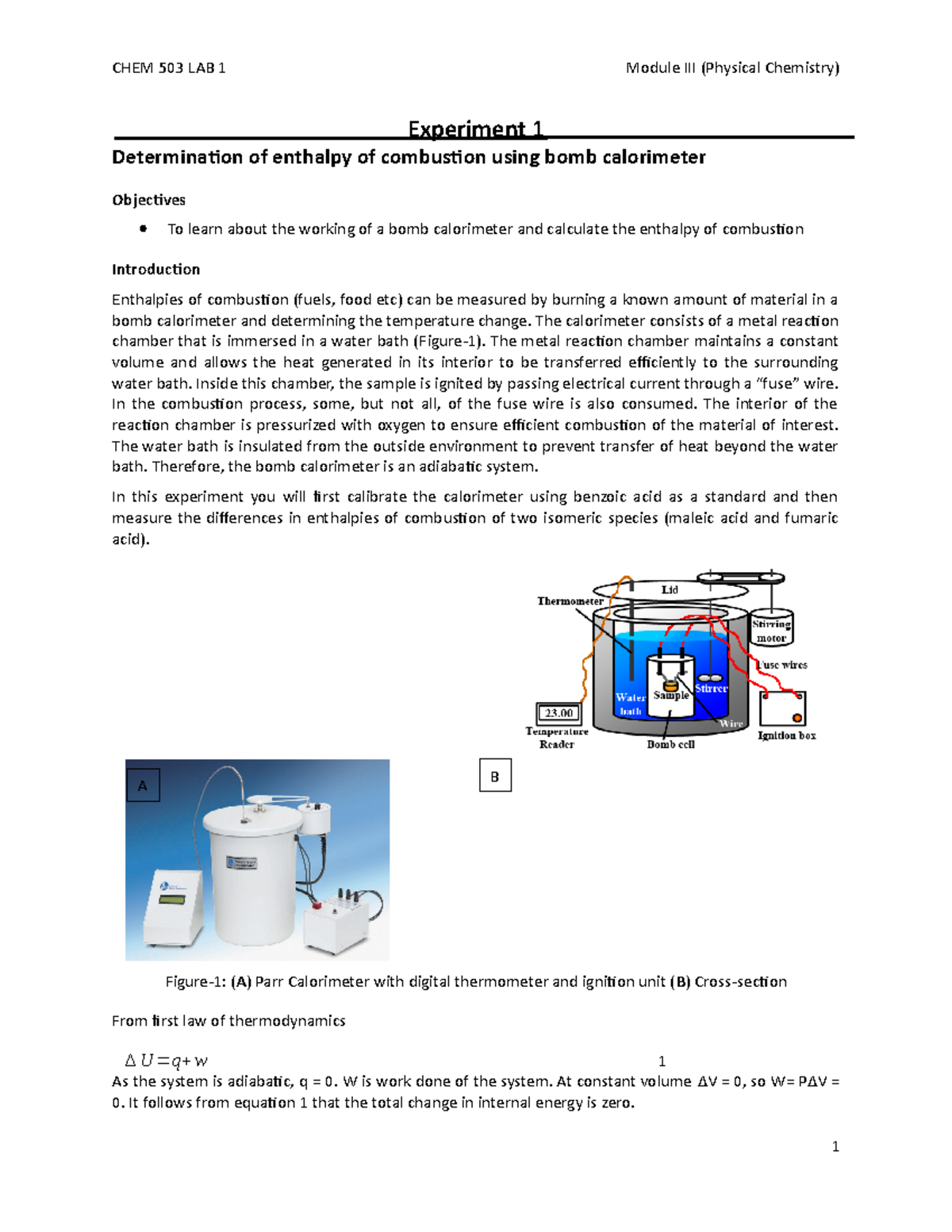 Experiment 1: Bomb Calorimetry and Enthalpy of Combustion Analysis ...