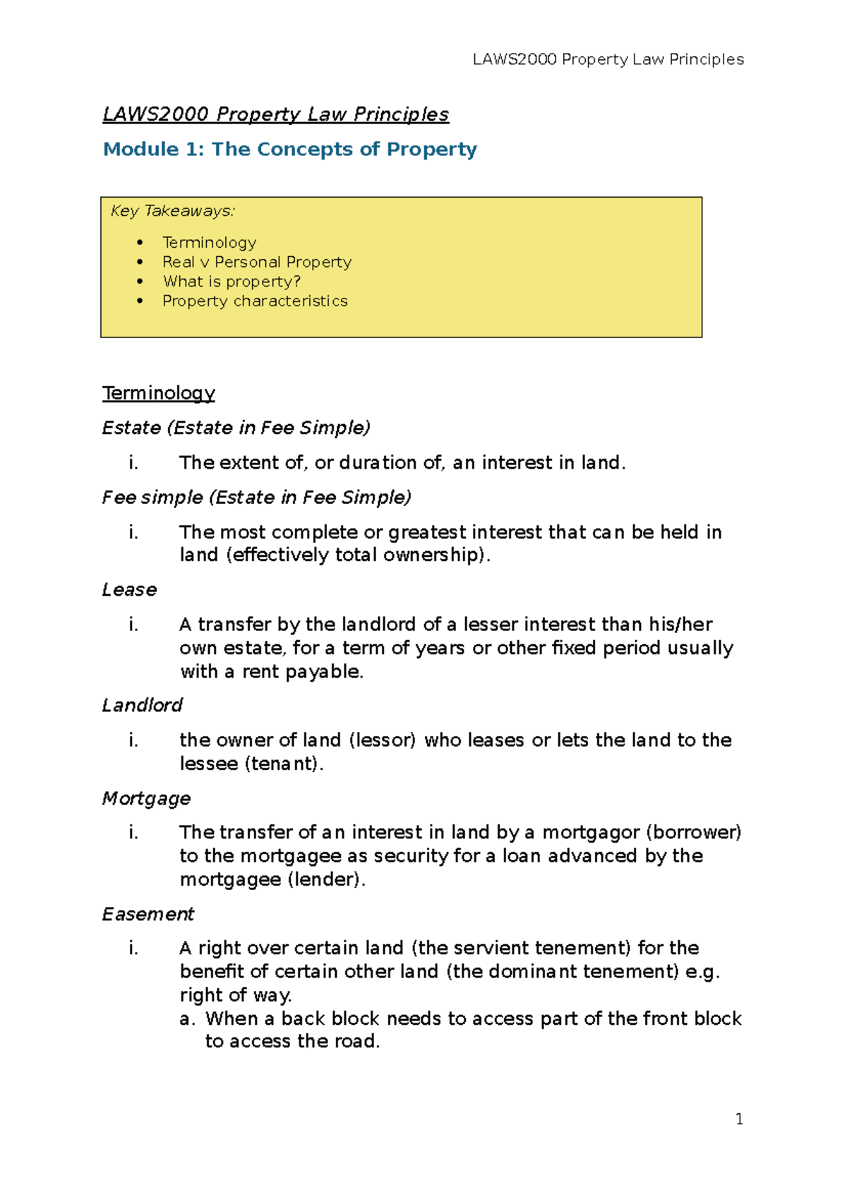 LAWS2000 Property Law Principles: Key Concepts and Takeaways - Studocu