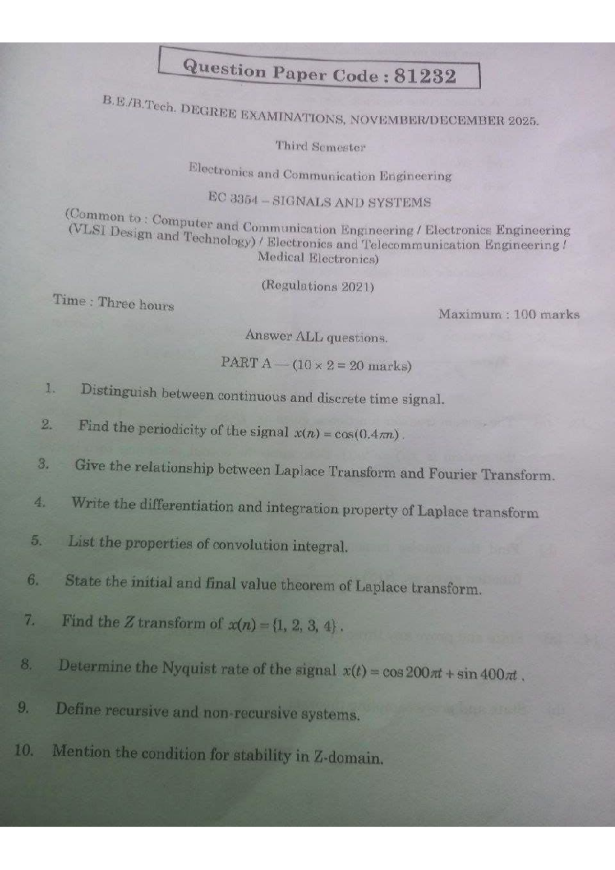 EC3354 Signals and Systems Nov Dec 2025 Question Paper - EEStiun Paper ...