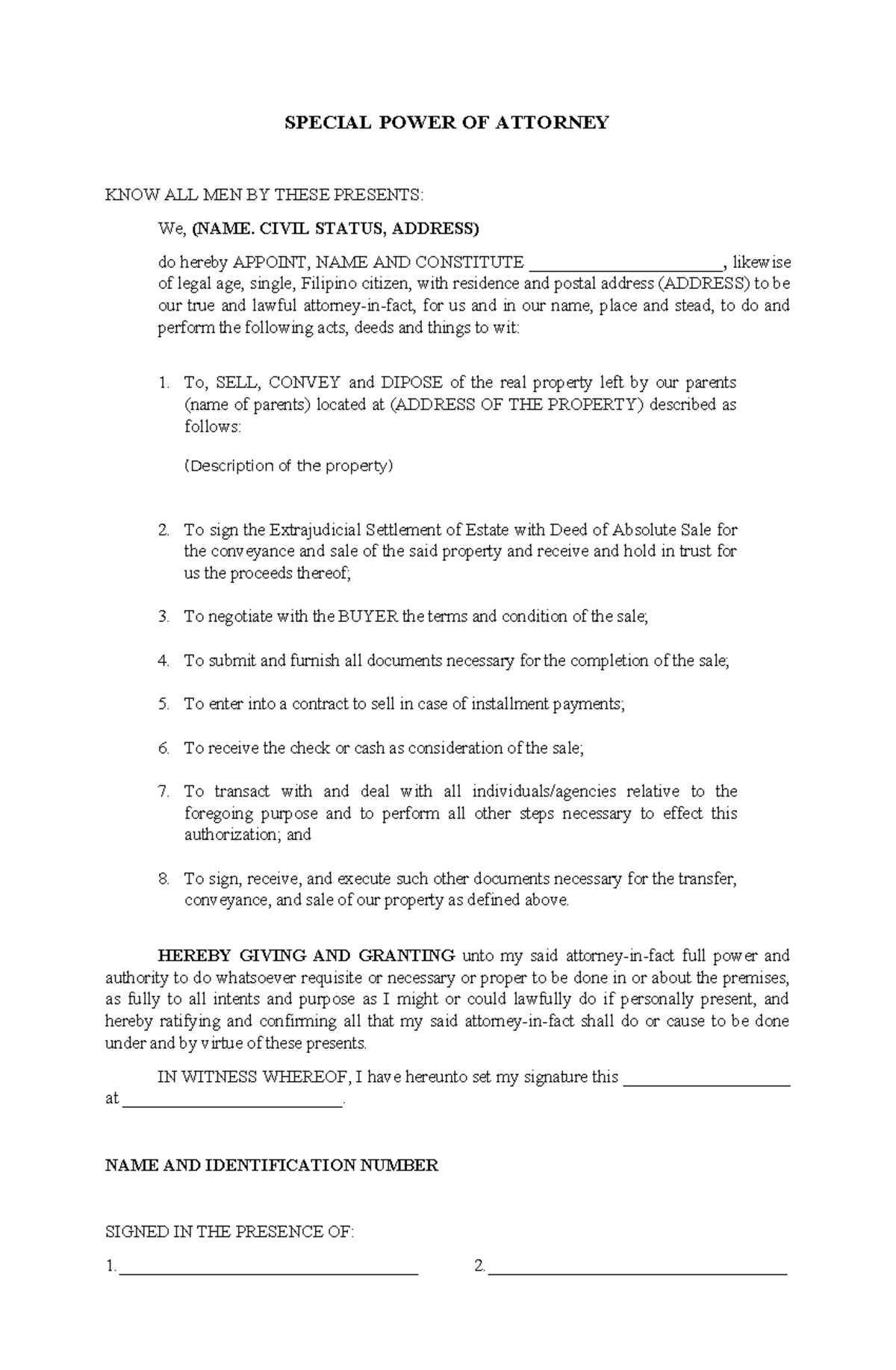 SPA Blank Draftdocx - SPECIAL POWER OF ATTORNEY KNOW ALL MEN BY THESE ...