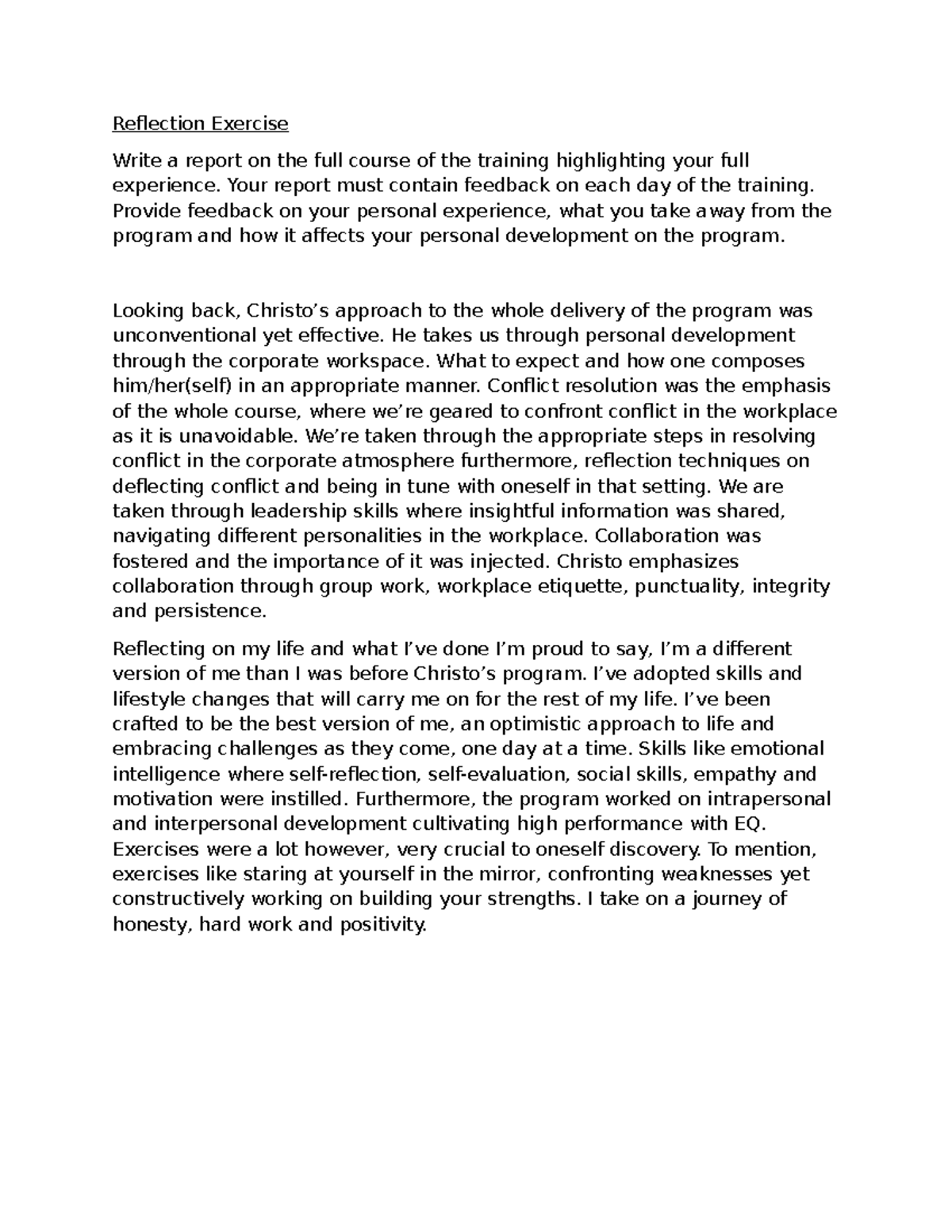 Reflection Report on Personal Development Training Experience - Studocu