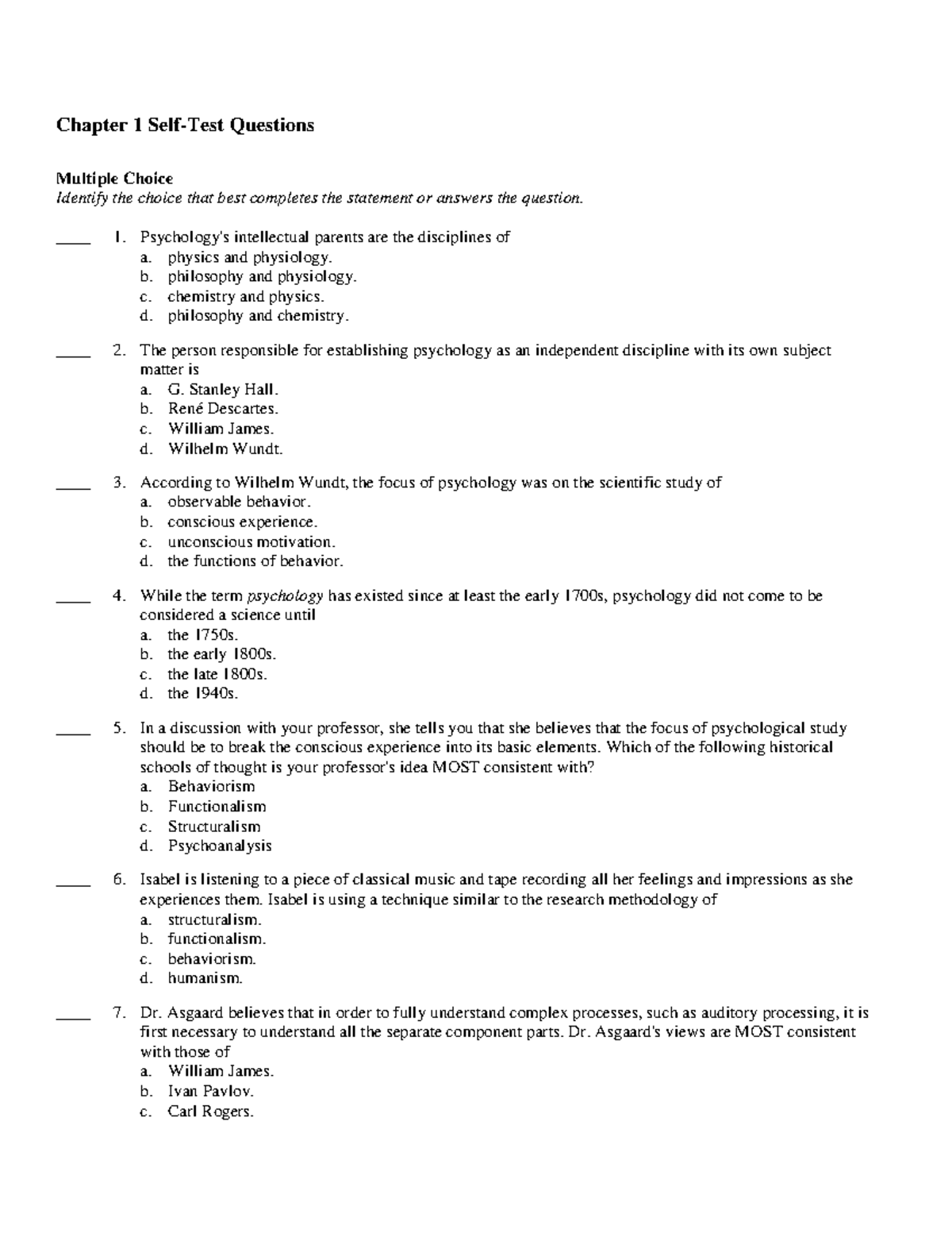 Chapter 1 Self-Test Questions for PSY 101 Exam Preparation - Studocu