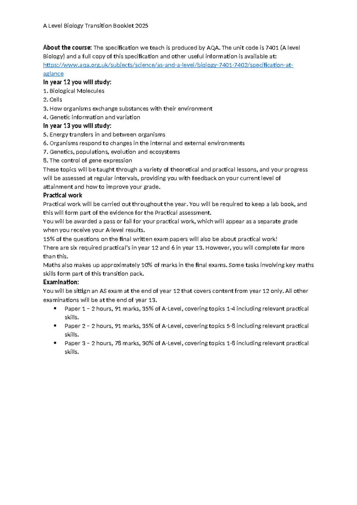 A Level Biology Transition Booklet 2025: Essential Study Guide - Studocu