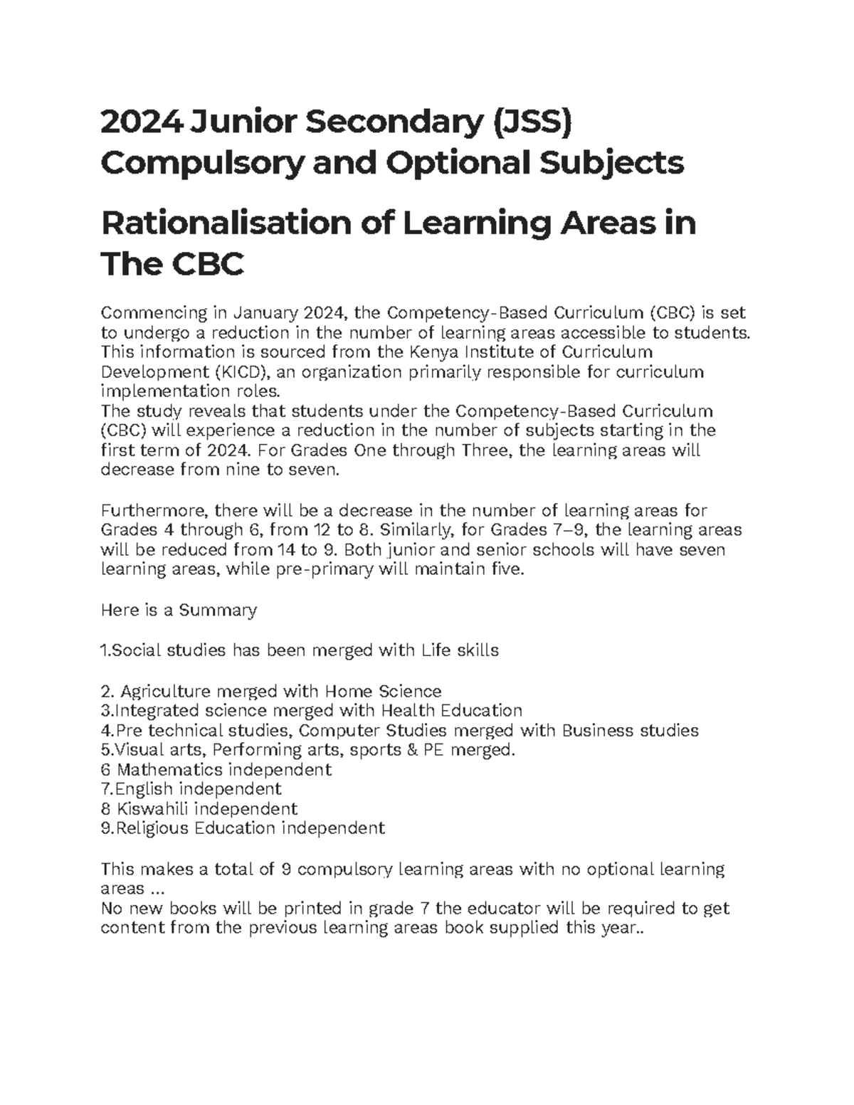 Cbc Learning Areas - Lecture notes - 2024 Junior Secondary (JSS ...
