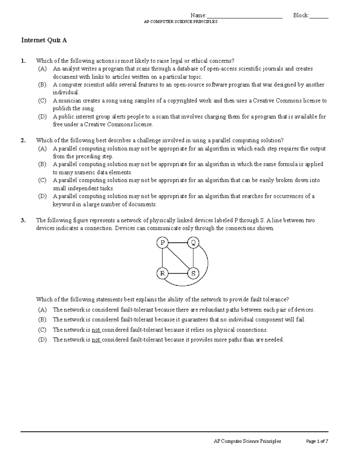 AP Computer Science Principles Internet Quiz A - Studocu