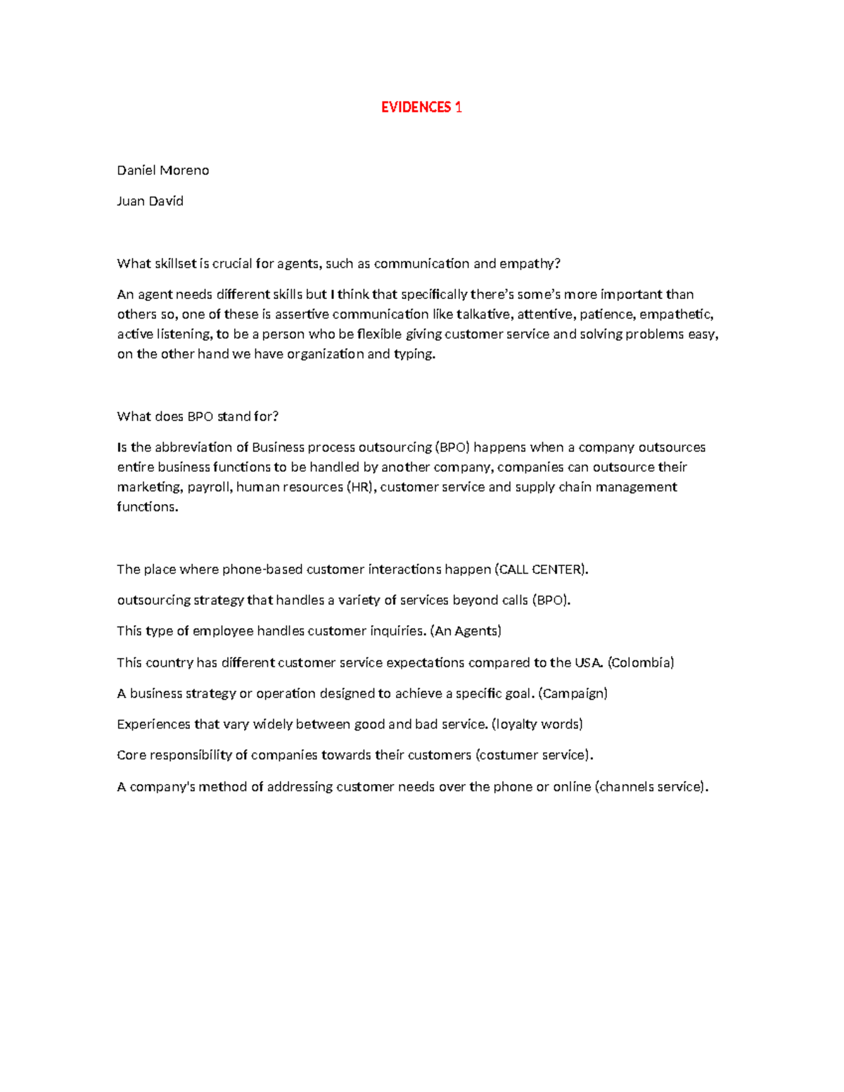 EVIDENCES 1: Key Skills for BPO Agents in Customer Service - Studocu