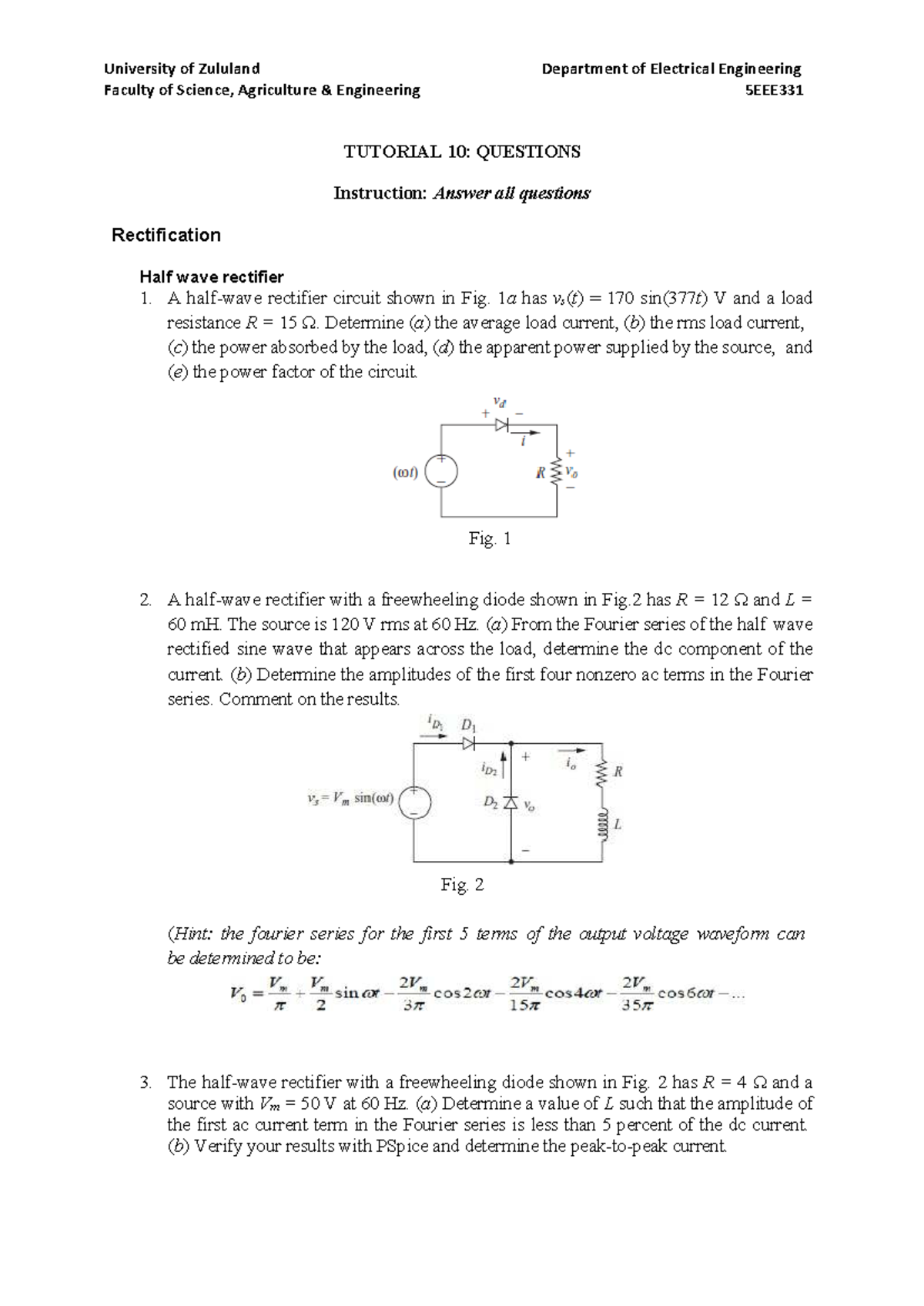5EEE331 - Power Electronics Tutorial 10: Rectifier Questions - 2026 ...