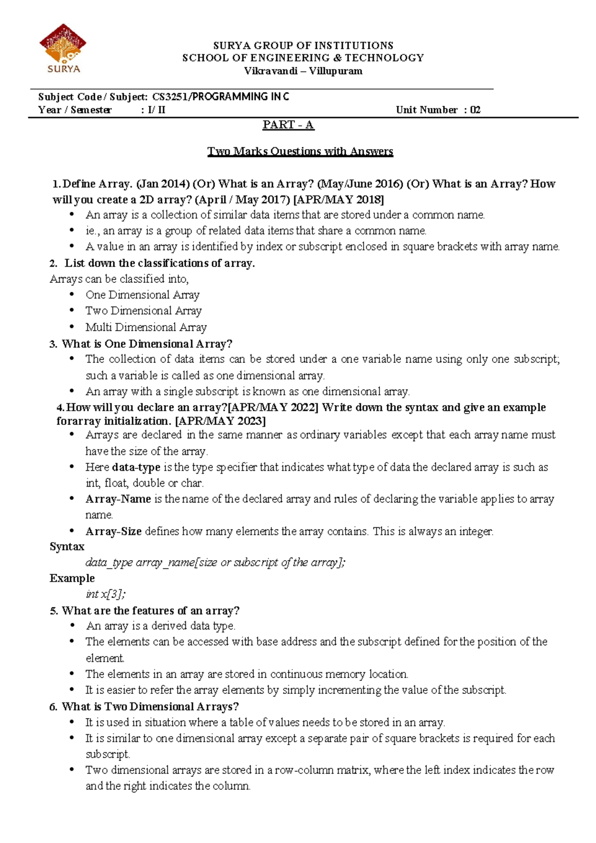 UNIT 2 QB CP - Array Concepts and C Programming Notes - Studocu
