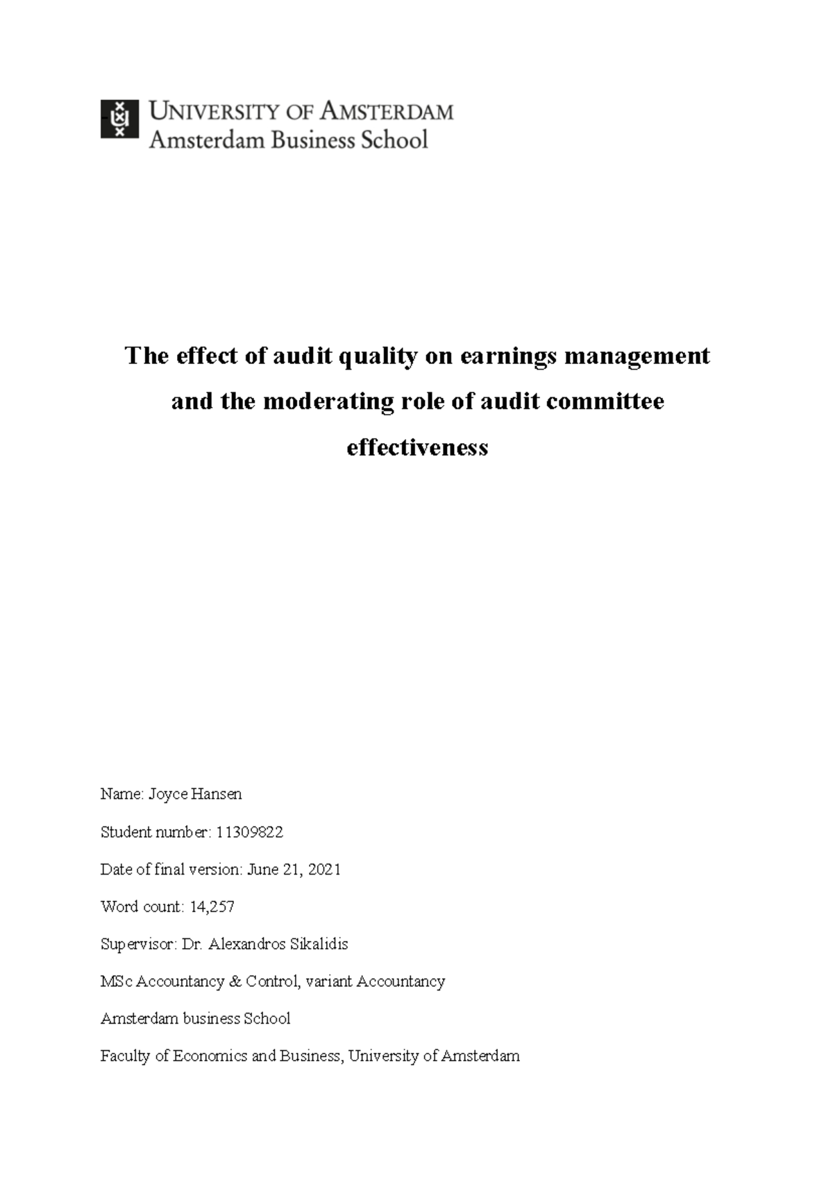 The Impact of Audit Quality on Earnings Management: A Study on Audit ...