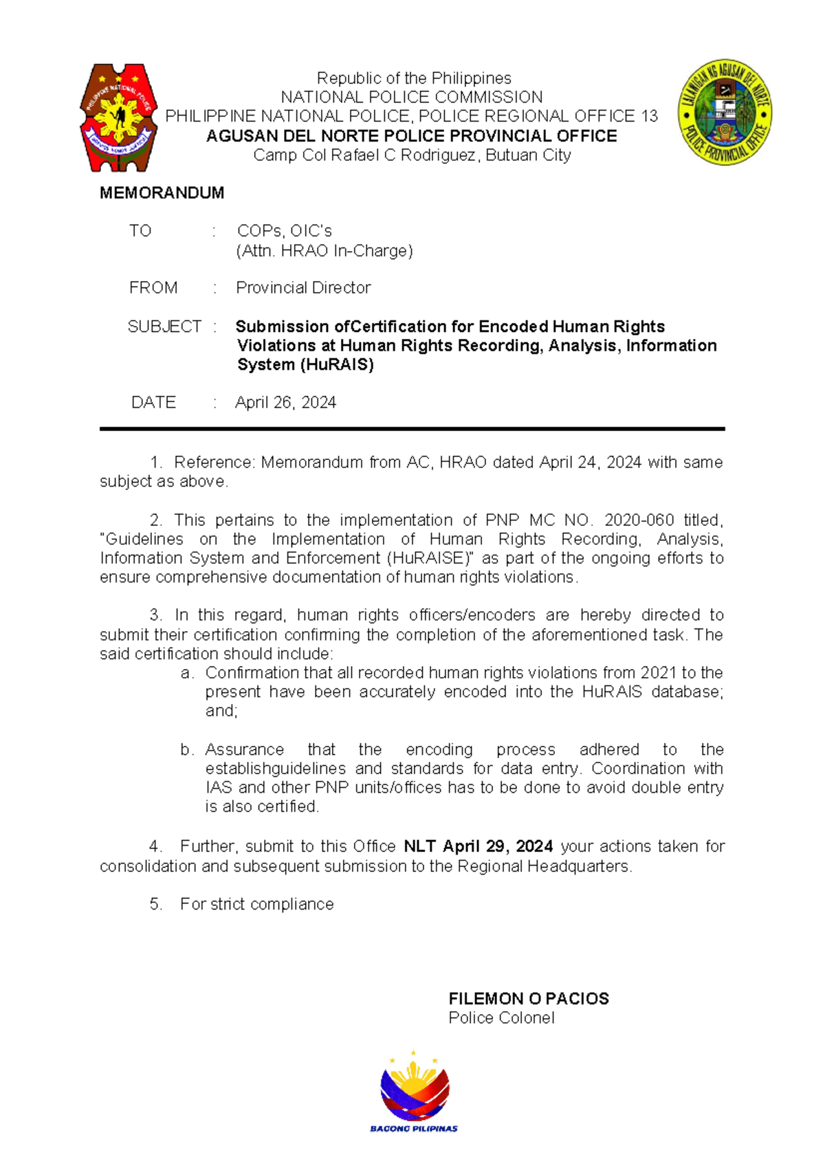 HuRAIS Certification Submission for Human Rights Violations ...