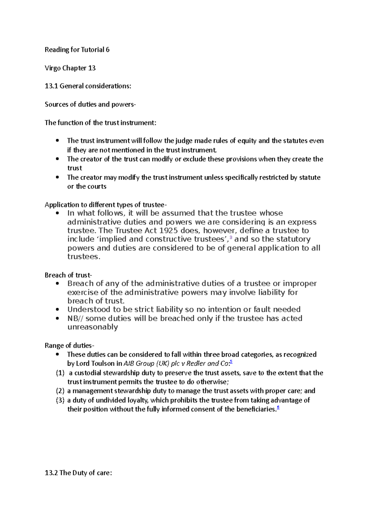 Virgo Law Tutorial 6 Reading: Duties and Powers of Trustees - Studocu