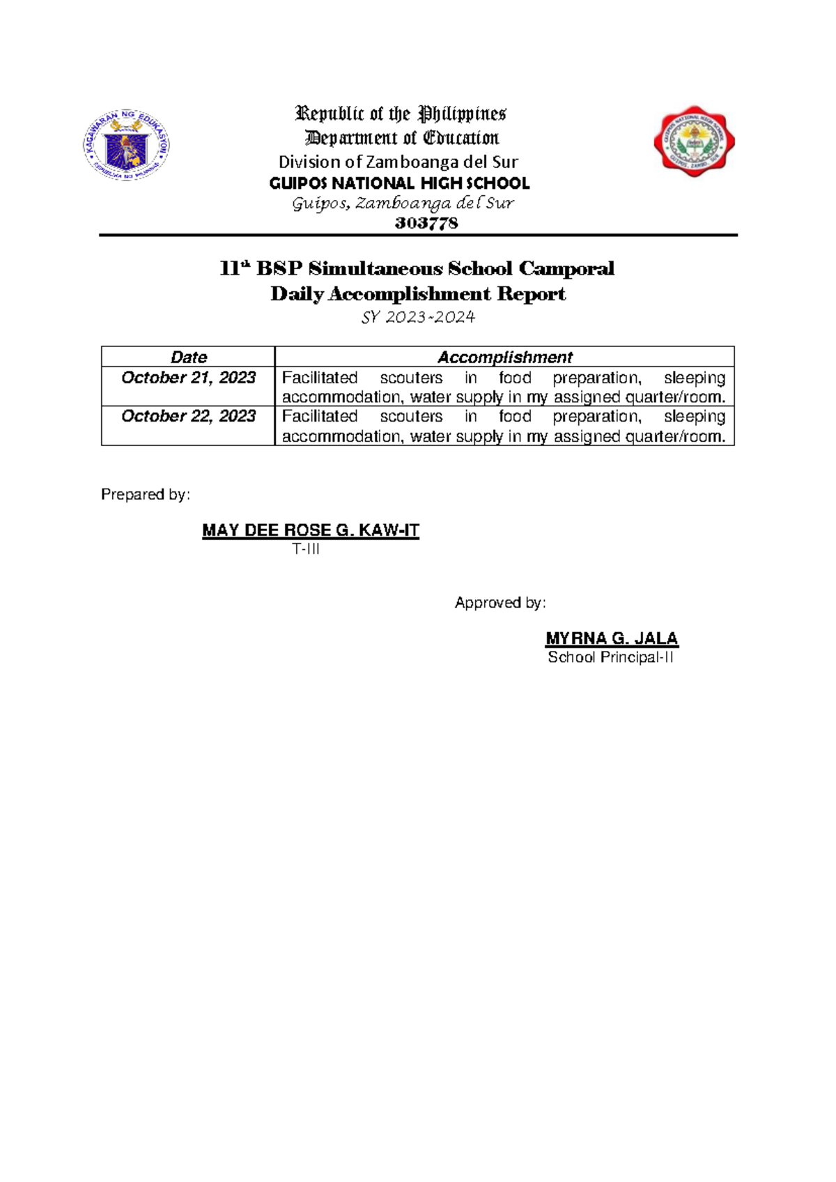 BSP Simultaneous School Camporal Accomplishment Report SY 2023-2024 ...