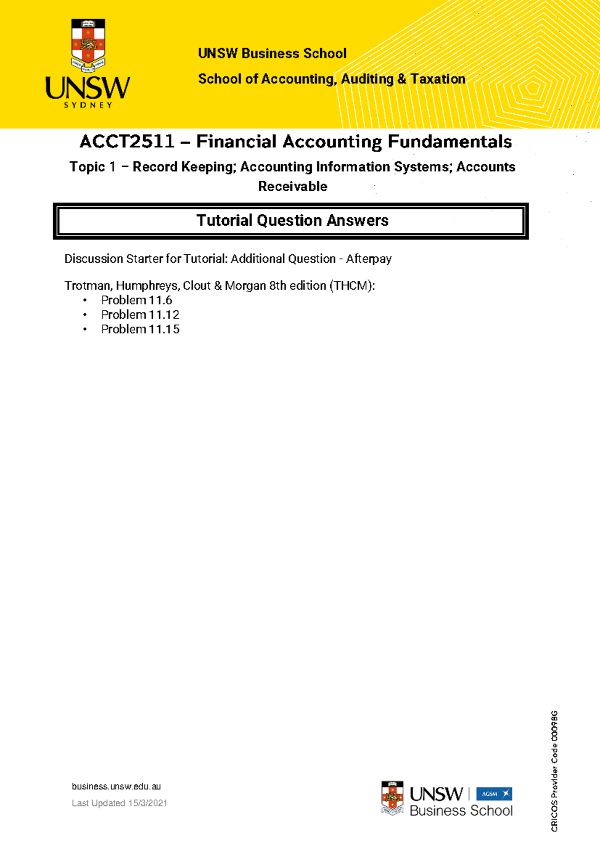 ACCT2511 Tute 1 - Overview of Accounting Tutorial Questions & Answers ...
