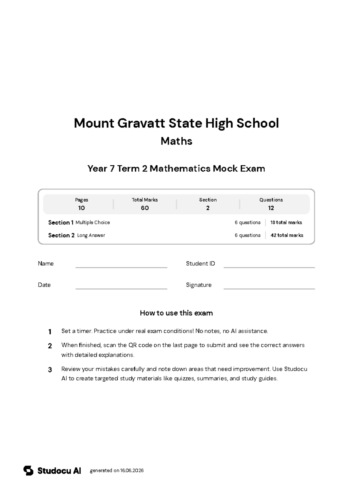 Year 7 Term 2 Mathematics Mock Exam - Studocu