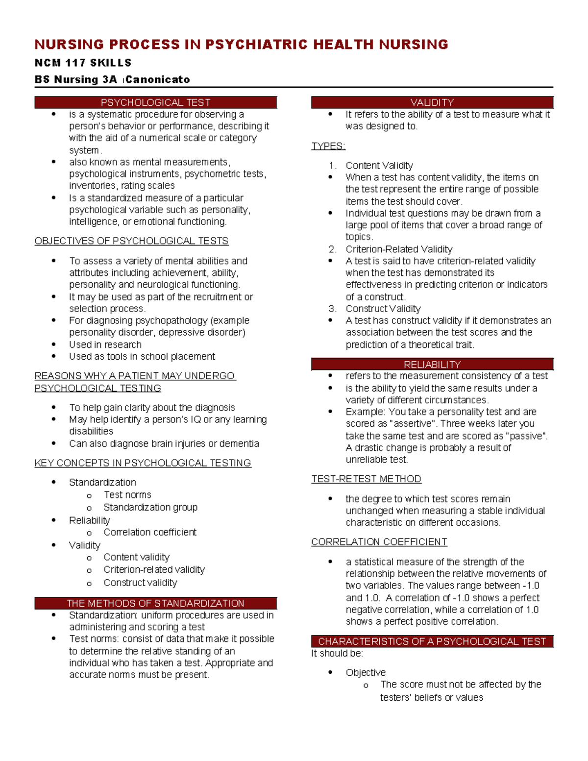 Psychological Tests Notes for NCM 117 - BS Nursing 3A - Studocu