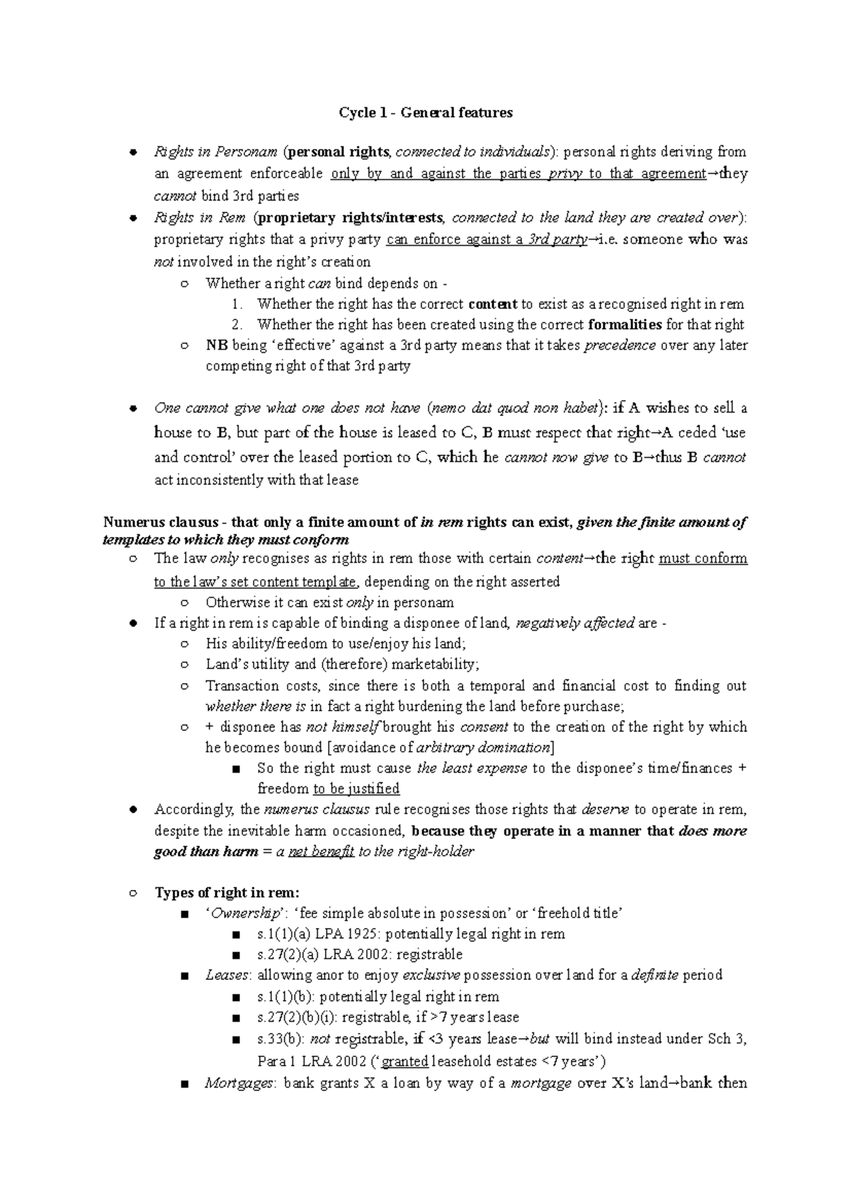 Land Law Notes - Comprehensive Overview of Rights and Leases - Studocu