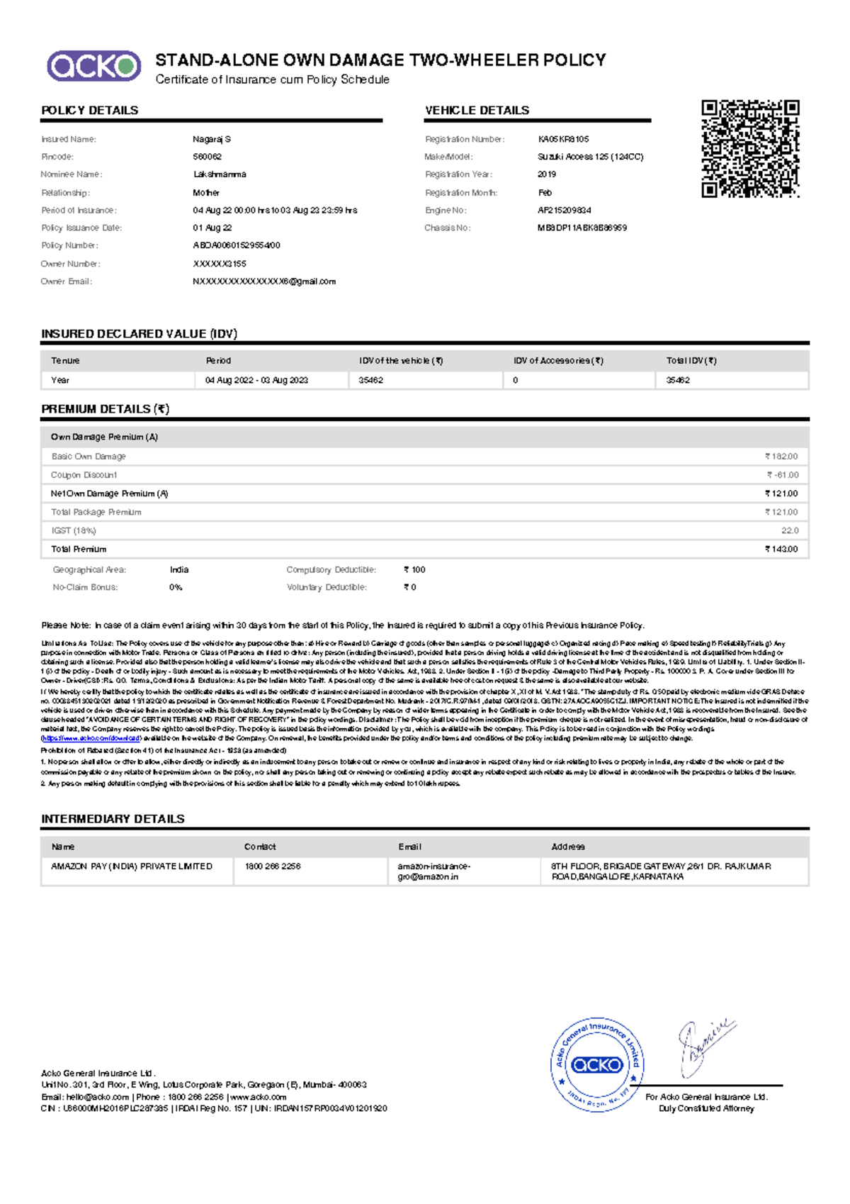 Nagaraj insurance - Insured Name: Nagaraj S Pincode: 560062 Nominee ...