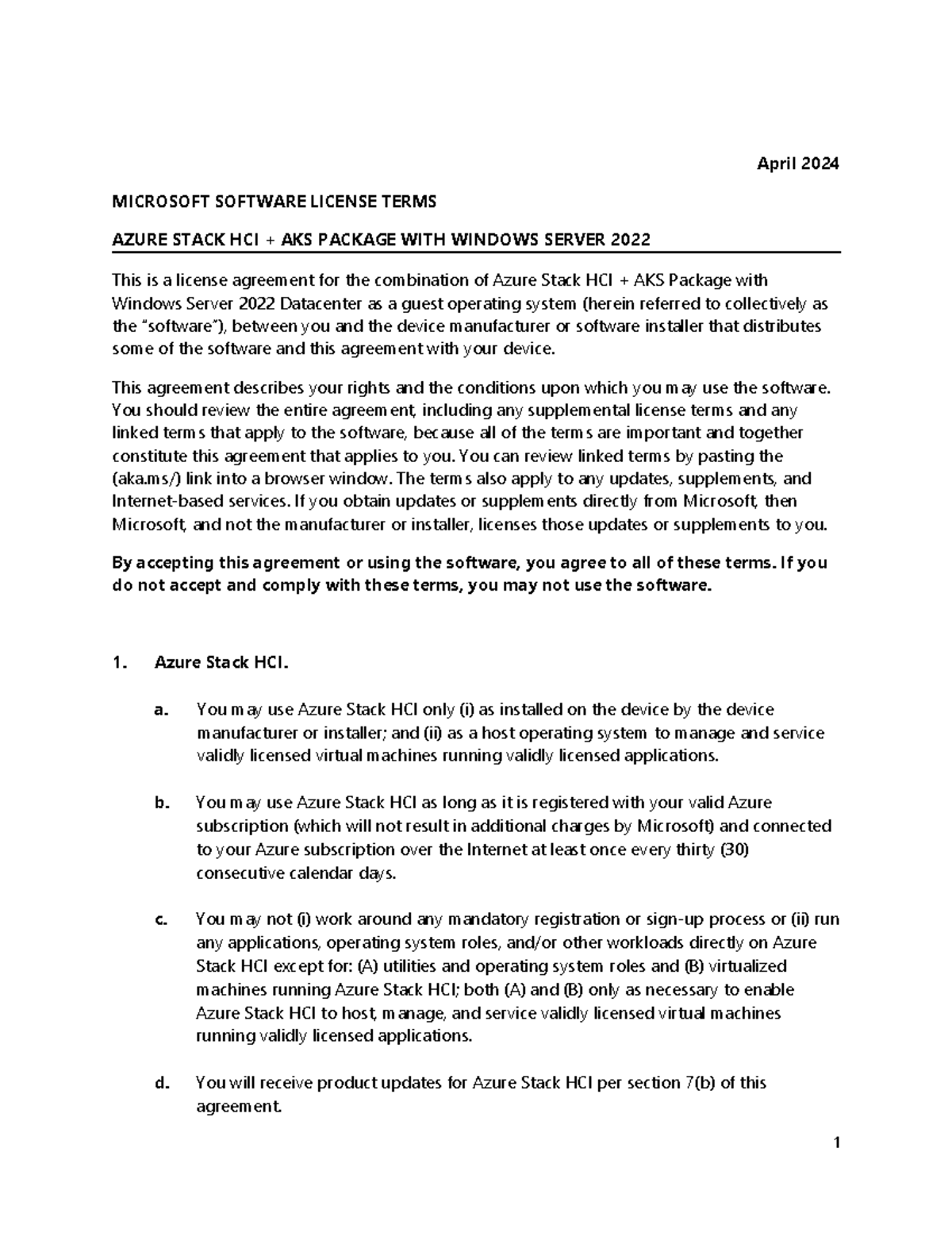 April 2024 Microsoft Software License Terms: Azure Stack HCI & AKS with ...