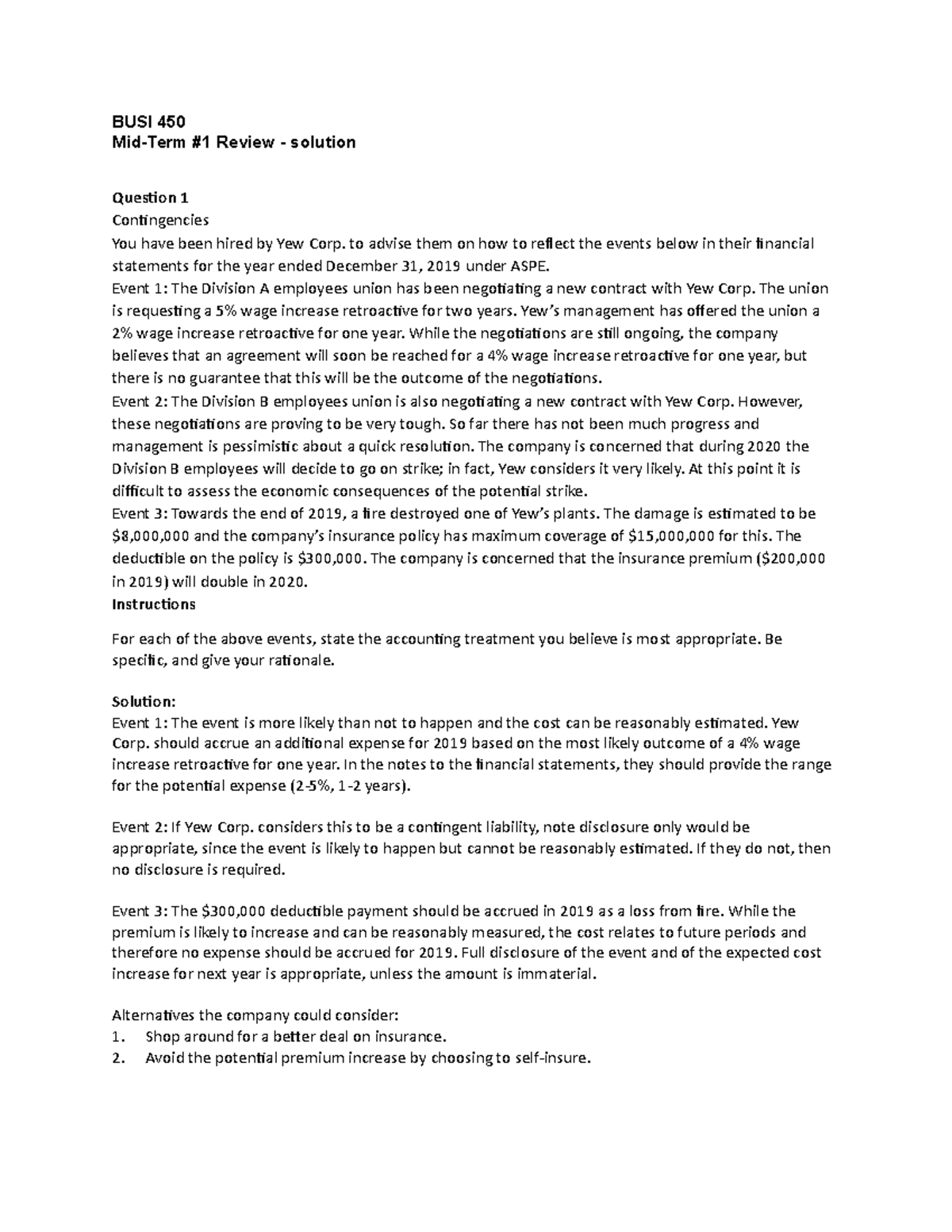 Midterm 1 Review Solutions for BUSI 450 - 2021 - Studocu