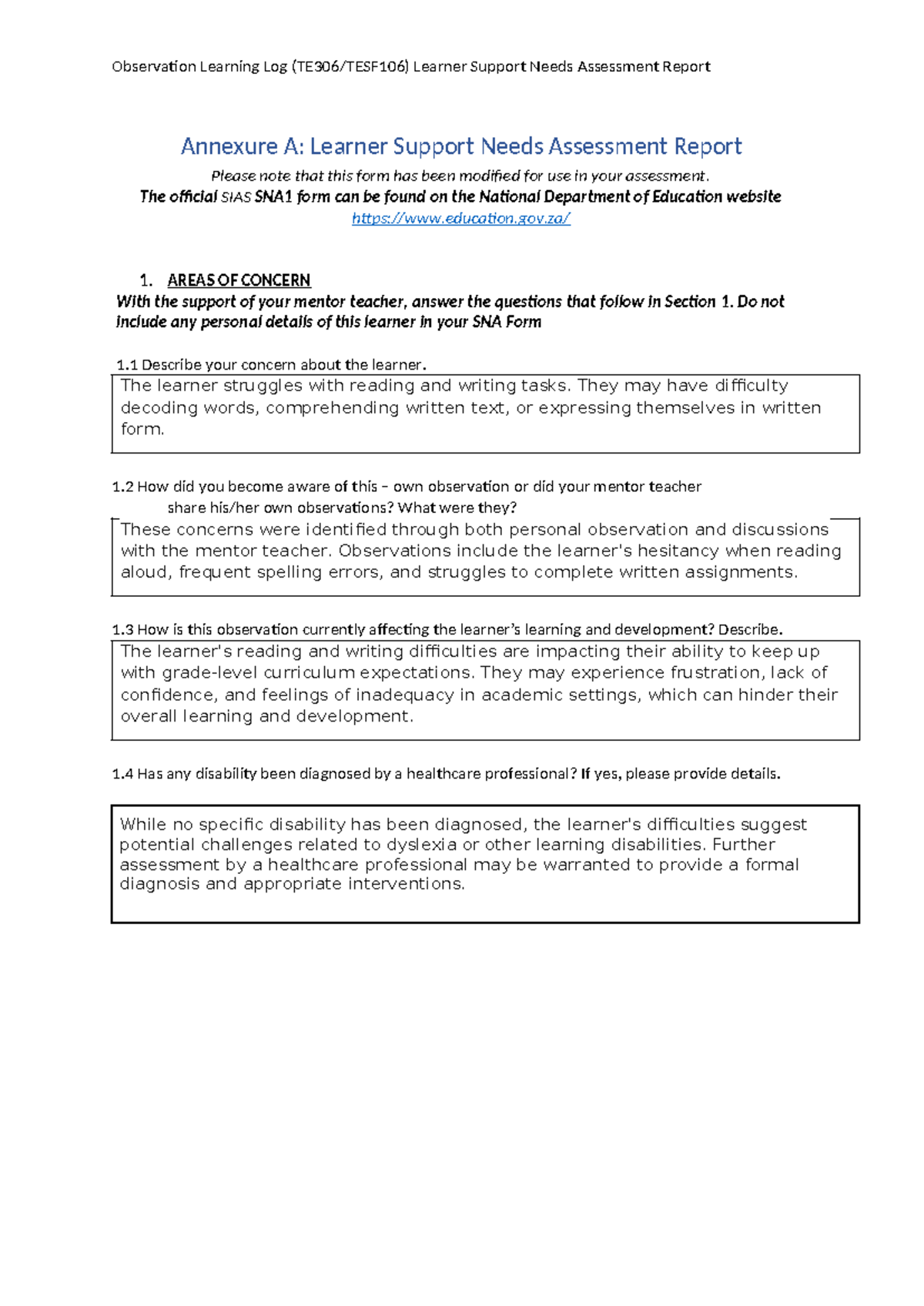 TE306 Learner Support Needs Assessment Observation Report - Studocu