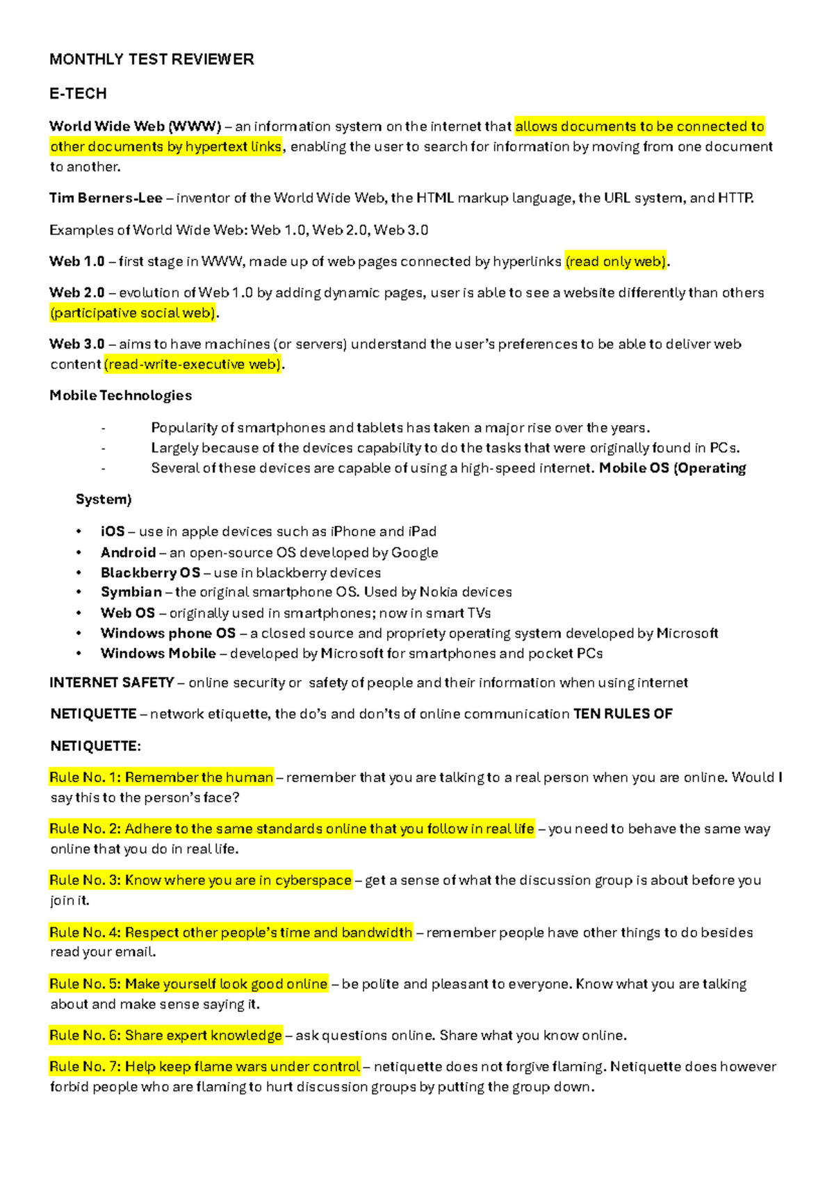 Monthly Test Reviewer: Understanding the World Wide Web and Internet ...