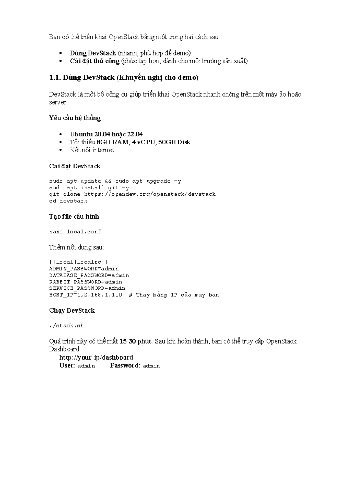 Cài đặt DevStack cho OpenStack - Hóa Đại Cương - Studocu