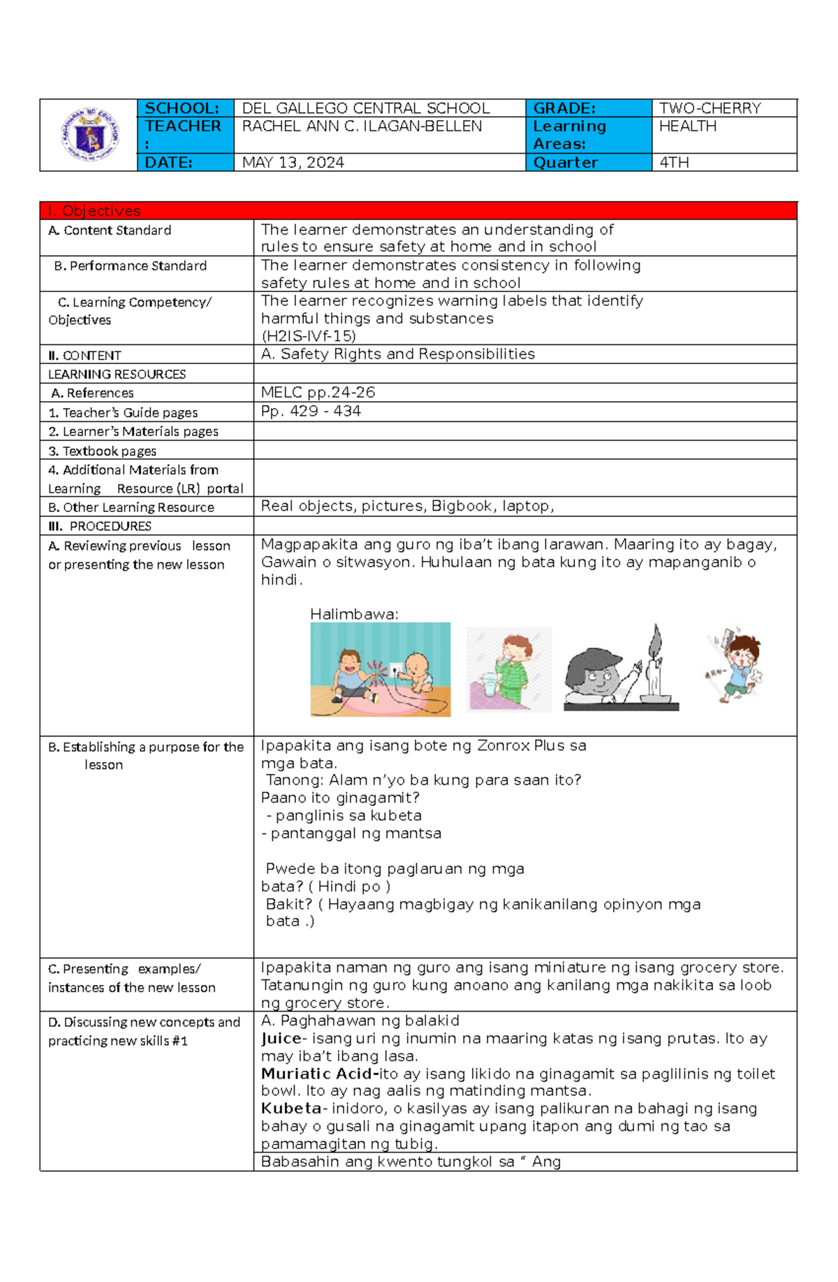 Lesson Pan in Health 2, Quarter 4, Week 4 - SCHOOL: DEL GALLEGO CENTRAL ...