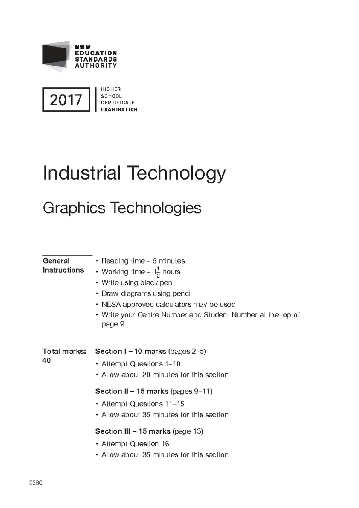 2017 HSC Industrial Technology Graphics Exam Instructions & Questions ...
