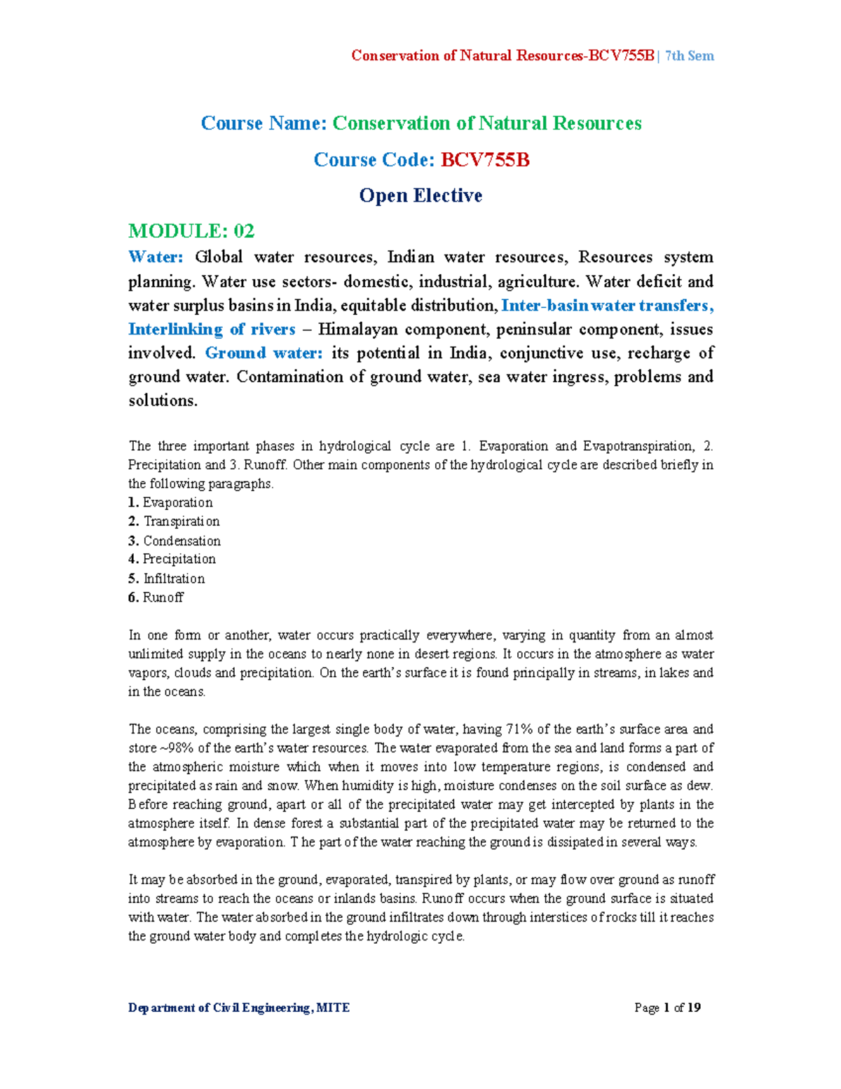 Conservation of Natural Resources: Water Management - BCV755B Module 2 ...