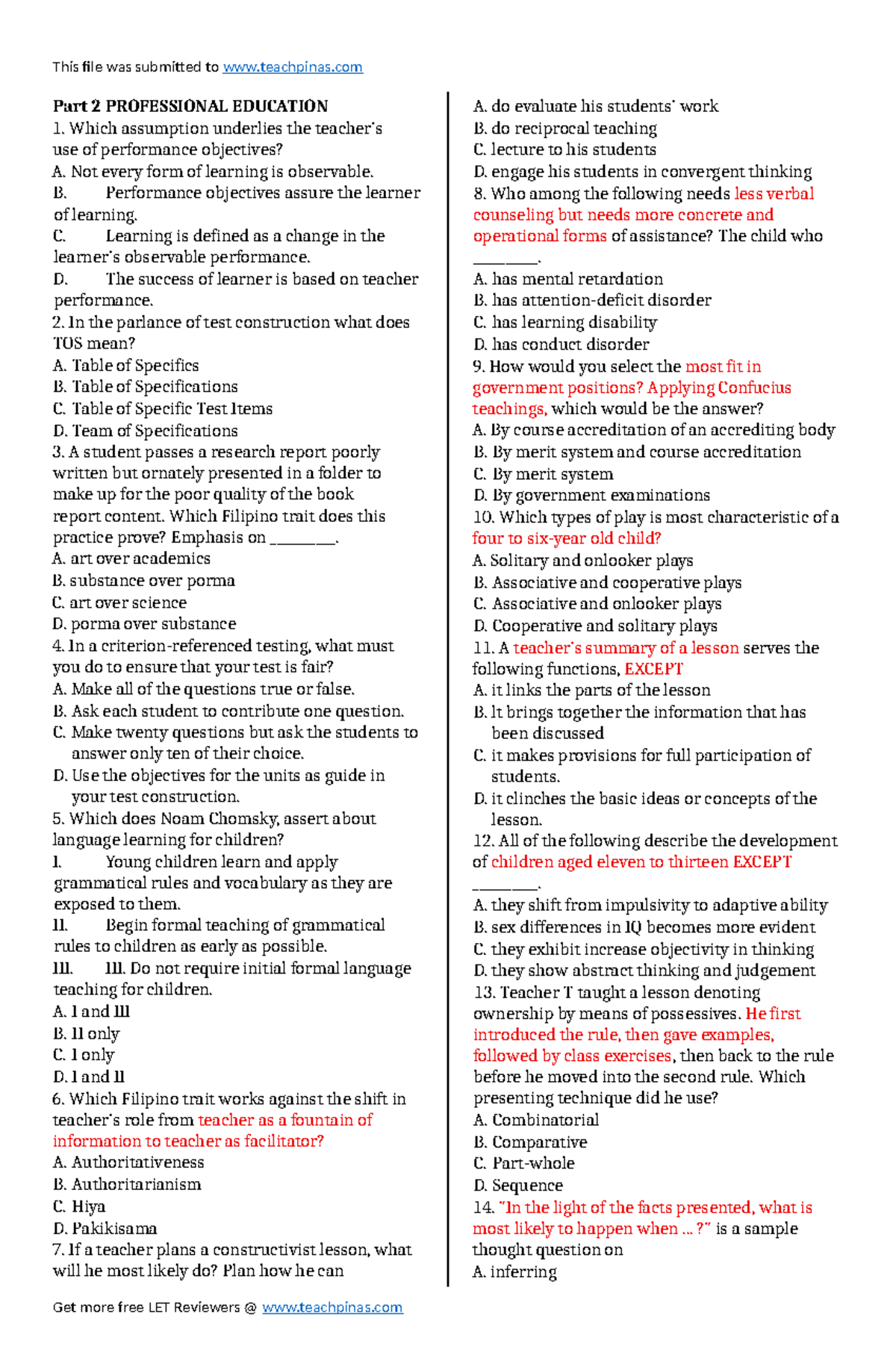 Part 2 Professional Education Reviewer: Key Concepts and Test Items ...