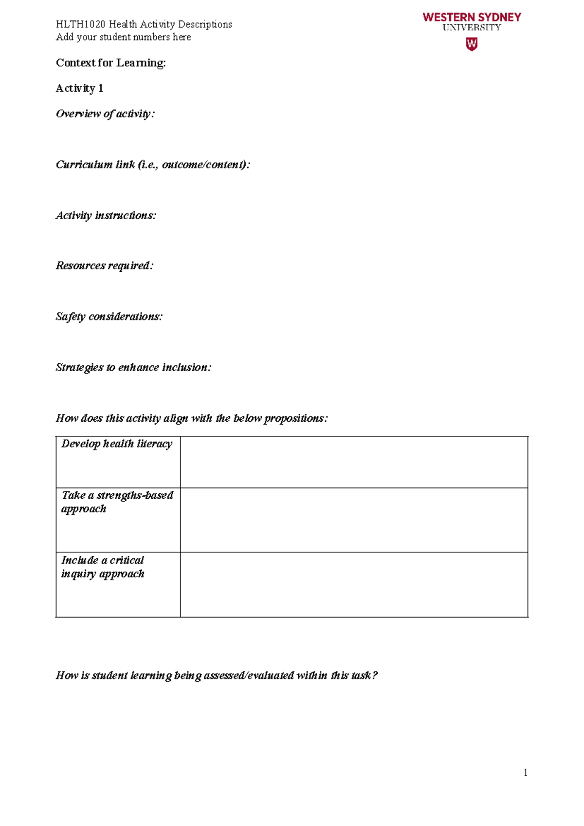 Activity Descriptions Template Blank HLTH1020 - Add your student ...