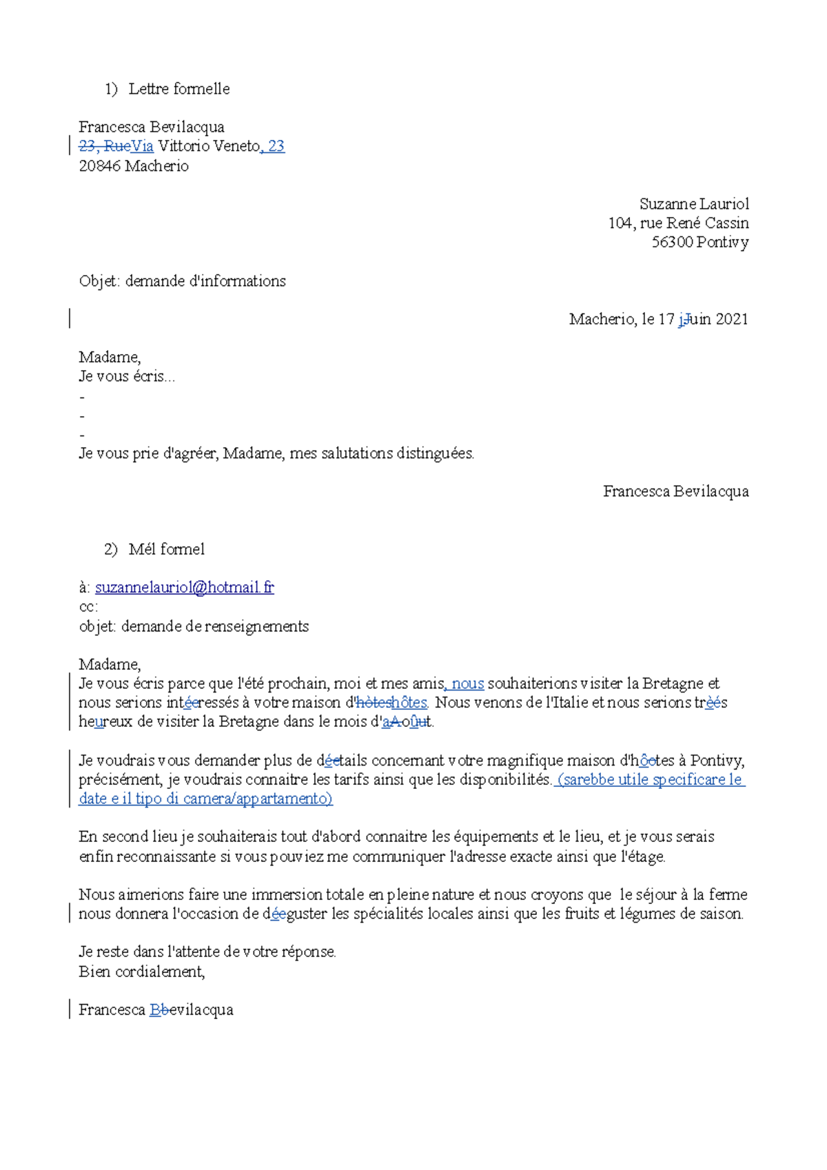 Lettre et Méls formels/informels en français - Ex 2 Svolto - Studocu
