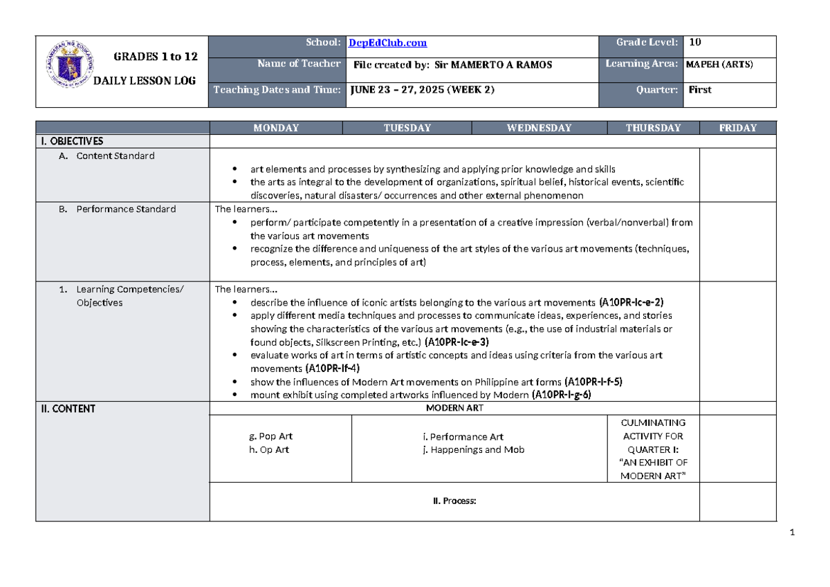 DLL MAPEH ARTS 10 Q1 W2: Daily Lesson Log and Activities - Studocu