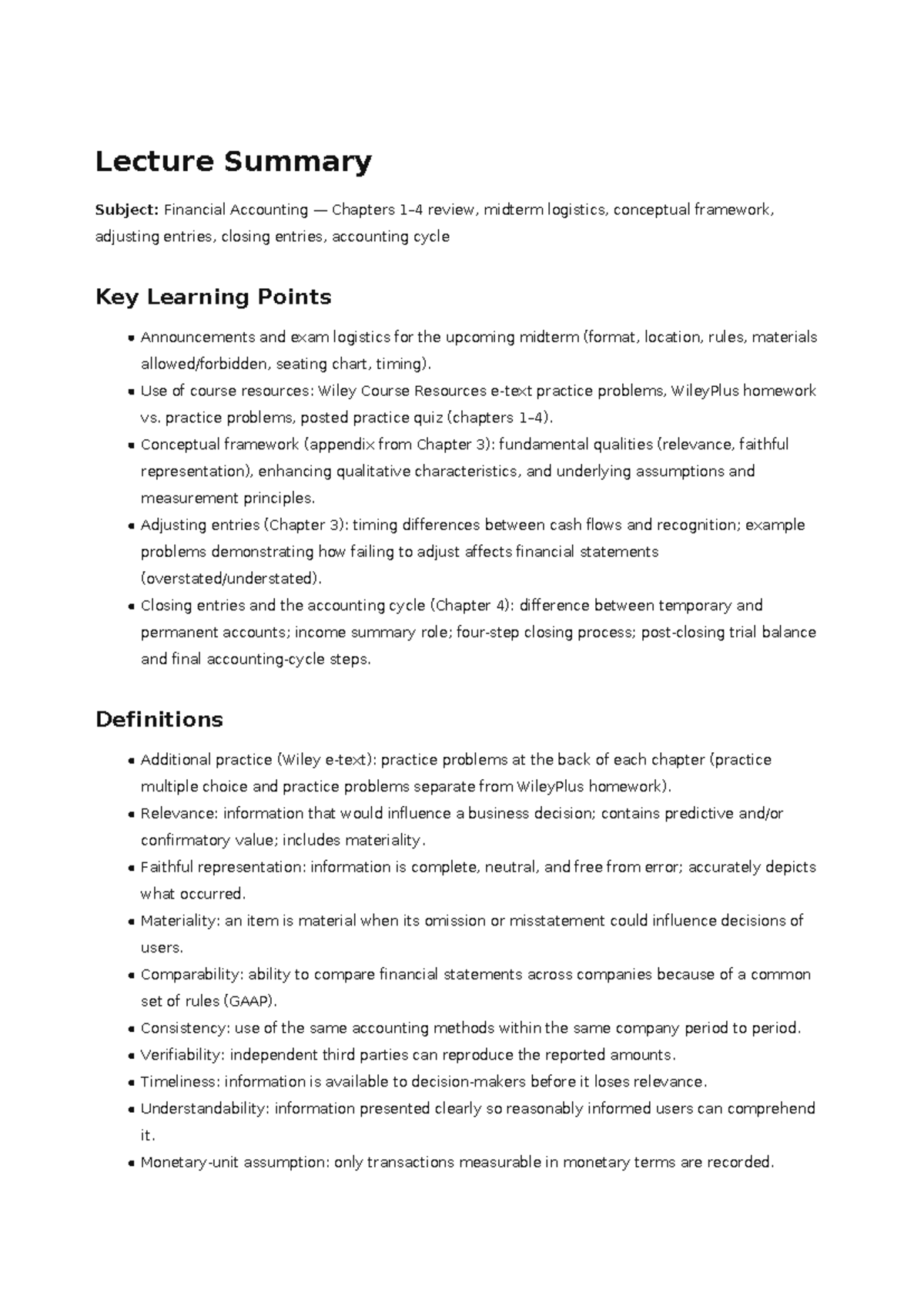 Financial Accounting Lecture Summary: Chapters 1-4 Review - Studocu