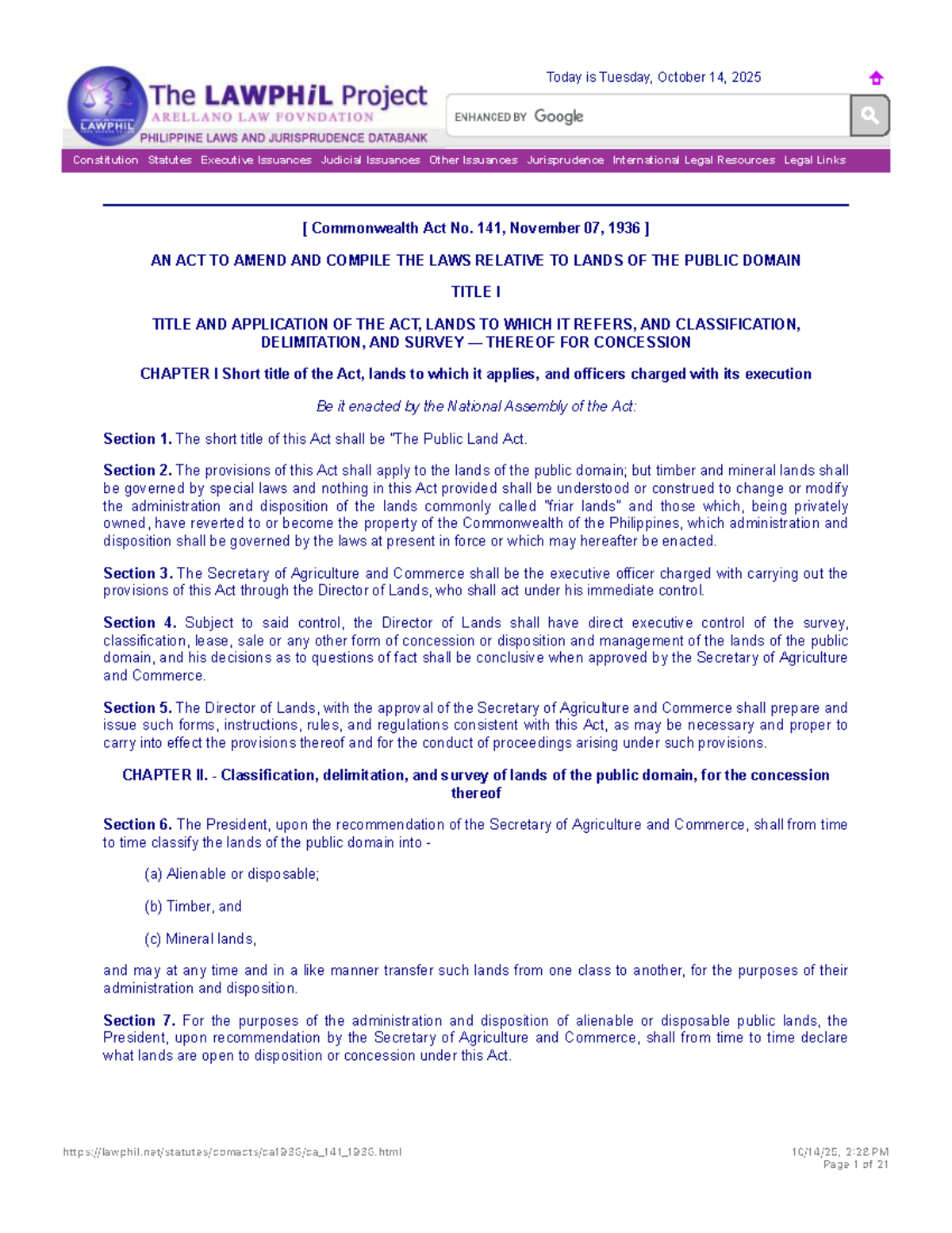 Commonwealth Act No. 141: Public Land Act Overview and Provisions - Studocu