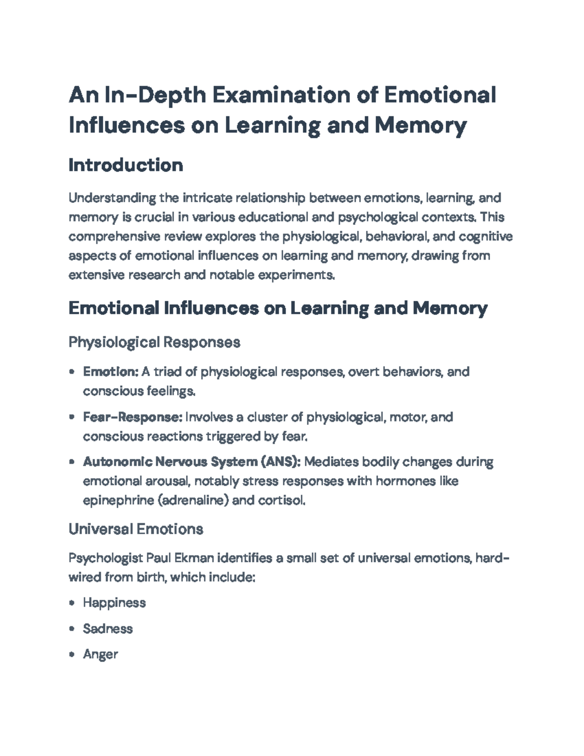 Emotional Influences on Learning and Memory: A Comprehensive Review ...